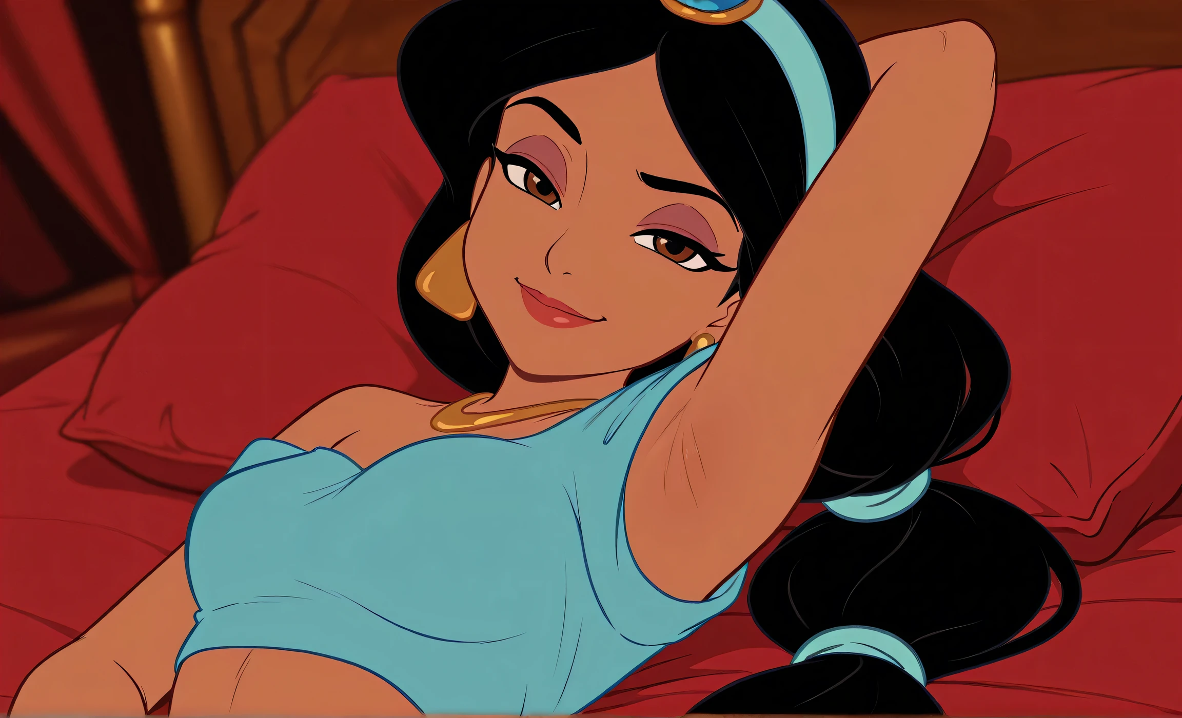 masterpiece, best quality, amazing quality, official style, flat color, blurry background, 1girl, solo, JasmineXL, long hair, black hair, multi-tied hair, brown eyes, dark skin, makeup, necklace, earrings, hairband, (off-shoulder shirt:1.2), blue shirt, crop top, arabian clothes, arm behind head, armpit, armpit focus, head towards viewer, (looking at viewer:1.1), smile, smug, half-closed eyes, confident, lying in bed, from side, from above, pillow, red sheet