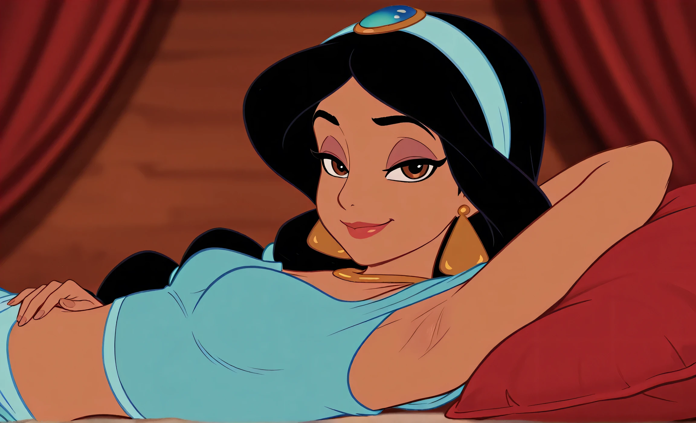 masterpiece, best quality, amazing quality, official style, flat color, blurry background, 1girl, solo, JasmineXL, long hair, black hair, multi-tied hair, brown eyes, dark skin, makeup, necklace, earrings, hairband, (off-shoulder shirt:1.2), blue shirt, crop top, arabian clothes, arm behind head, armpit, armpit focus, head towards viewer, (looking at viewer:1.1), smile, smug, half-closed eyes, confident, lying in bed, from side, sideview, pillow, red sheet