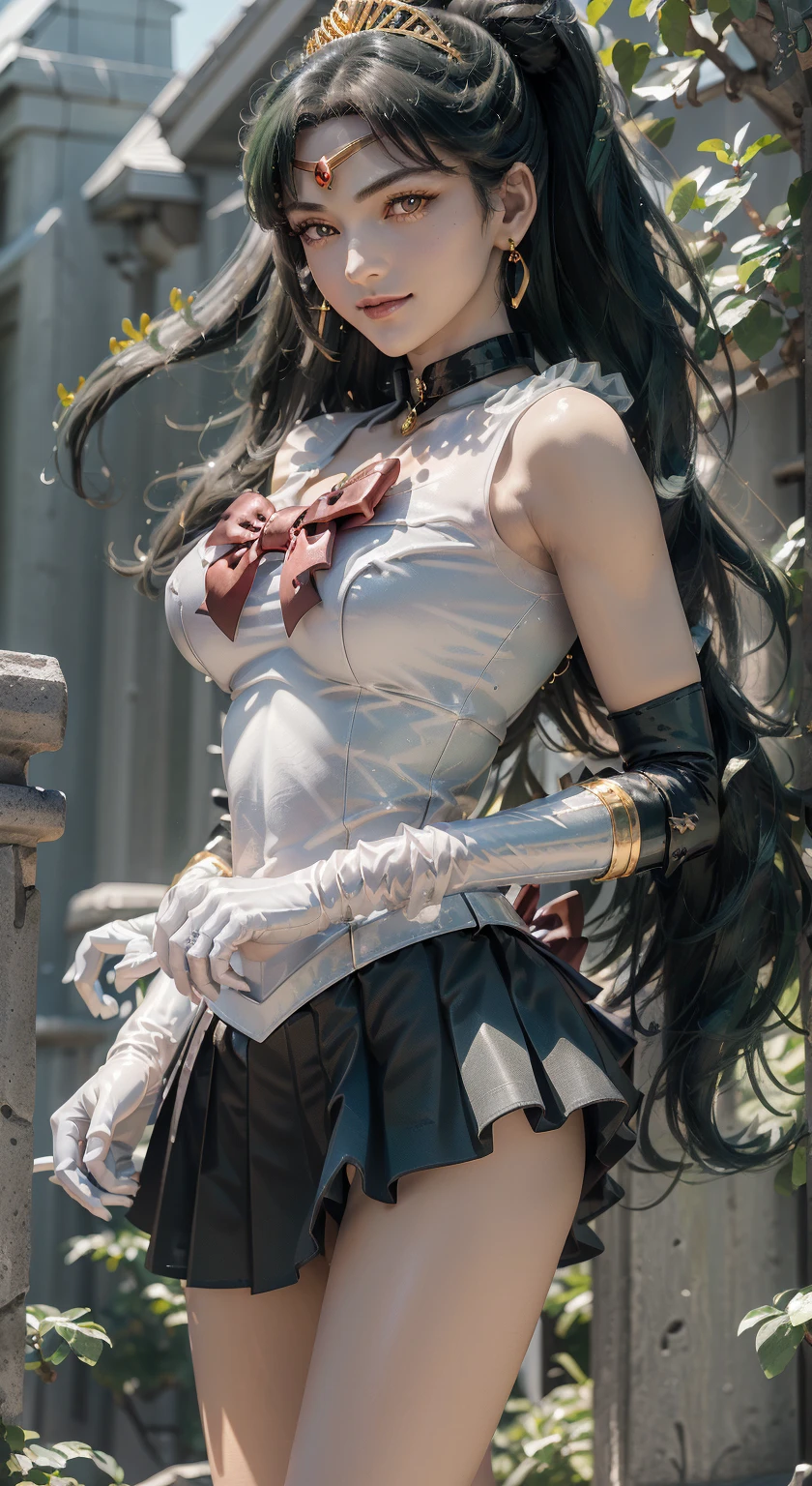 masterpiece、3D、realistic、super micro photography、Detailed and highest quality、Super detailed CG Unity 8k wallpaper、full:1.3、stand、from below、showing white panties、intricate details、(1 female,housewife)、17 years old、dynamic english、((A gorgeous golden tiara on the forehead:1.4、metallic green pleated mini skirt:1.2、pregate mini skirt:1.3、Huge red bow on the chest:1.2、black gloves on elbows:1.1、black big collar、green sailor collar、Red brooch))、(red eyes,SetsunaMeiou
hair_good, 
Meisha Onfu)、(Sailor Pluto Single Hairpan
Tiara sailor warrior uniform Skirt Gloves),((single ponytail)),luxury gold decoration, incredibly long dark green hair:1.2、Shiny beautifull straight long dark green hair,:1.2、Sailor Pluto uniform, (sailor warrior uniform、bare upper arm:1.2、No sleeve,Long white latex gloves with luxurious gold decoration:1.3、very large pink ribbon on the back of the waist,:1.1、green choker、 The cleavage is sexy and boldly large、gold ring earrings,Shiny black long knee-high boots with luxurious gold embellishments)、(Extremely thin and fitted high gloss white holographic leather:1.3,Bold sexy slender white high leg gravette swimsuit)、staff, holding_staff, Key chain accessories at waist,((combat readiness))、has a huge key wand,
((black skin:1.2,enchanting smile、very pretty face、facial details:1.5、bright red eyes、A beautifull face、beautidfull eyes、shining eyes、thin lips:1.3、thin and sharp pale eyebrows,、long and thick eyelashes、double eyelashes))、gorgeous giant white wing muscles:1.2、 muscular abs:1.2、small face、huge breasts、高身長でグラマラスな完璧なProfessionalポーション、big breasts thin waist、big ass,sexy model posing、visible pores、perfect hands:1.5、octane rendering、very dramatic picture、strong natural light、sunlight、exquisite light and shadow、dslr harp、concentrated:1.0、maximum clarity and sharpness、(dynamic lightning background:1.3、divinity of the underworld,divinity of space and time,Lightning space background, Pluto、moon明かり、moon、moving background、detailed background)One girl that will take your breath away, (sailor warrior uniform), . award-winning, Professional, very detailed