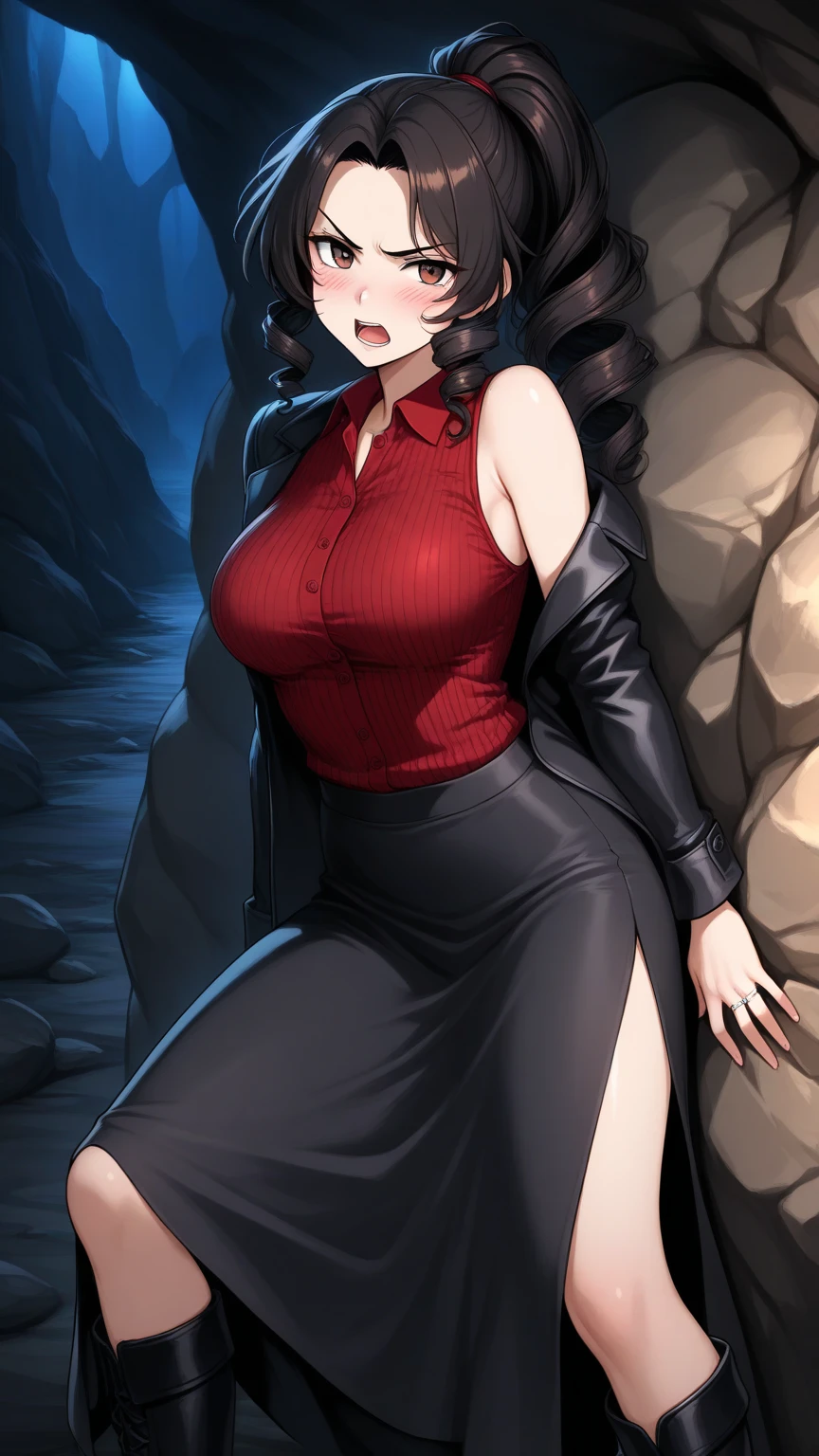 Chubby girl with black lipstick on her lips, Light aristocratic skin, Very sheer turtleneck with black lace top with neckline, black and red skirt with hanging chain, Brown curly hair, Brown eyes  (Best Quality)+, Masterpiece+ [(BST Quality)1.3, (hiquality)1.3]