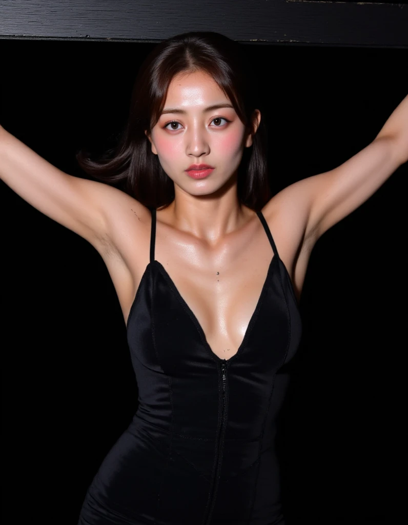(masterpiece:1.2), (highest quality), high resolution, realistic, rabbit ears, black rabbit ears, fake rabbit ears, pantyhose, black pantyhose,bowtie, wrist cuffs, black leotard, casino,roulette table, poker chips, slot machine, chandelier, (8k, RAW photo, best quality, masterpiece:1.2), (realistic, photo-realistic:1.4), (extremely detailed 8k wallpaper), (Photo of a beautiful Japanese idol 12 years old woman:1.2), ((upper body:1.3)), (((Very flat chest:1.4))), ((Baby Face)), (((sweaty armpits))), Armpit depression, ((((Dimpled Armpits)))), ((((Deeply wrinkled armpits)))), ((((Armpit pores))))