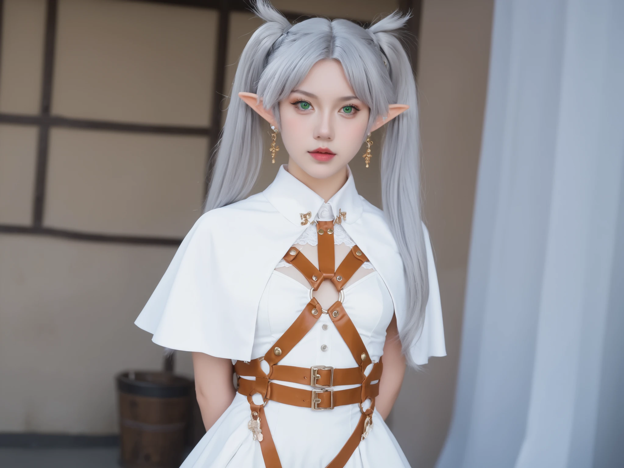 ,frieren, long hair, twintails, green eyes, grey hair, pointy ears, elf, small breasts, anime screencap,frier3n, pointy ears, twintails, elf, long hair, green eyes, parted bangs, white hair, white capelet, white dress, pantyhose,  brown boots,  she is showing her pussy,body harness,bondage outfit,grey hair, long hair, green eyes, twintails, parted bangs, earrings, pointy ears,stalliona, dorse, *See description/link to access to more trigger words*, tetas pequenas, pele real,textura da pele,traços faciais detalhados, sardas,Ance