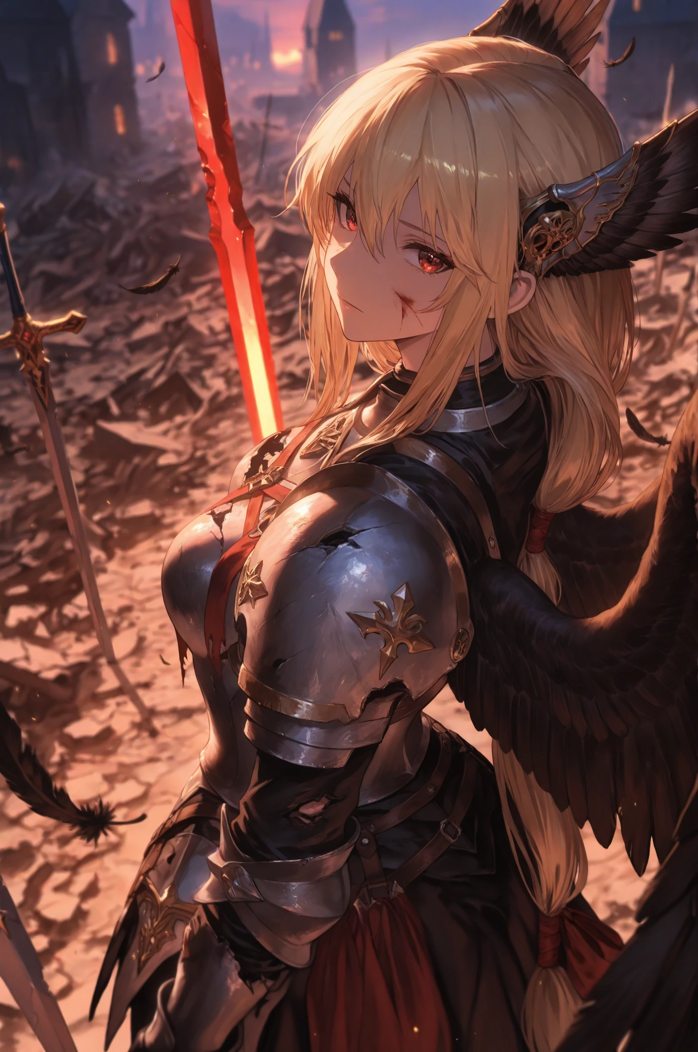 devil horns, angel wings, Halo, Glaring at viewer, slit pupils, cursed armor covered in blood, chimaera, Lilica covered in blood, medieval, village ruins, blood everywhere,