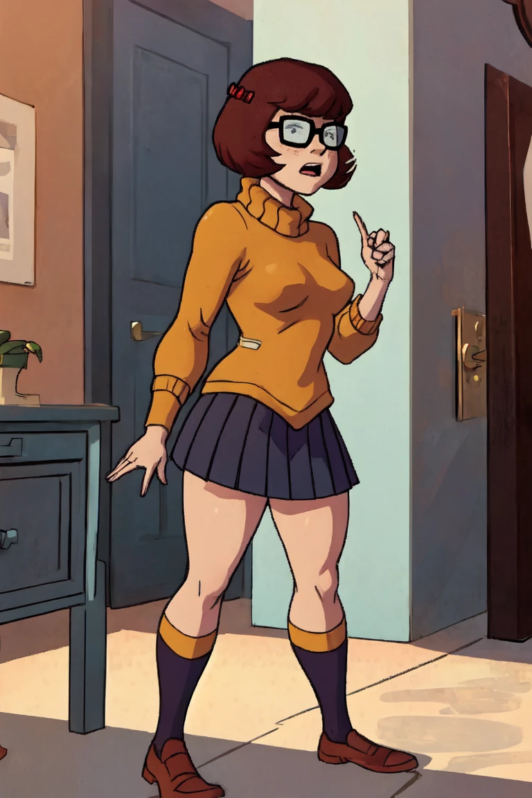 (8k, RAW photo, best quality, masterpiece:1.2), (intricate details), (best quality), (highres), ((perfect eyes)), perfect face, perfect lighting, vivid colors, intense colors, 1girl, cartoon style, velmadinkley, glasses, orange sweater, solo, ??????? focus view, orange striped panties, wet panties, skirt lift, panties close focus, under view,
