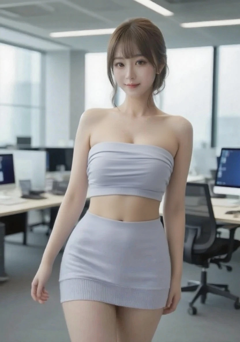 Beautiful woman with perfect figure:1.4，snow，Touching butt with both hands，snow background，Layered Hairstyle，White skin，Prominent cleavage，Pleated Skirt，whole body，Very delicate face and skin texture，Double eyelids，Skin Whitening，Long white hair