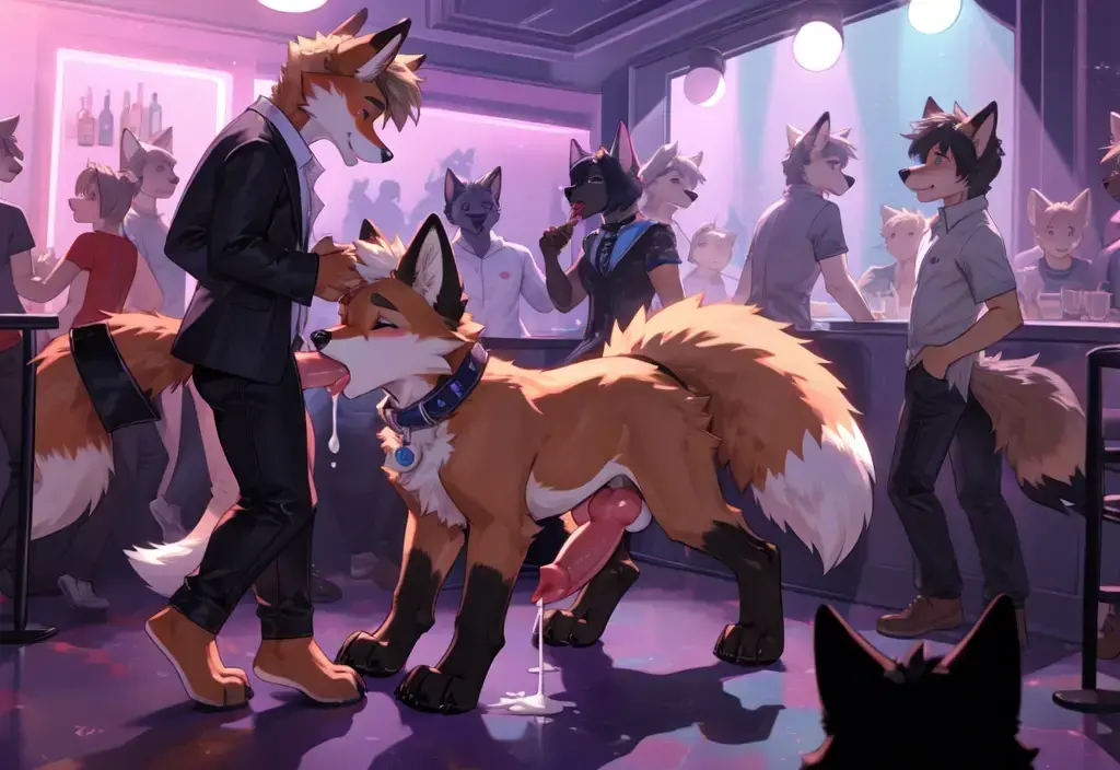 masterpiece, solo, 1boy, Furry, kemono, furry wolf, anthropomorphic, male, navy fur, navy skin, green eyes, slave collar, strip club, femboy, uploaded on e621, nude, penis, balls, ereccion, eyaculacion fuerte, cum, cinco dedos, sex,