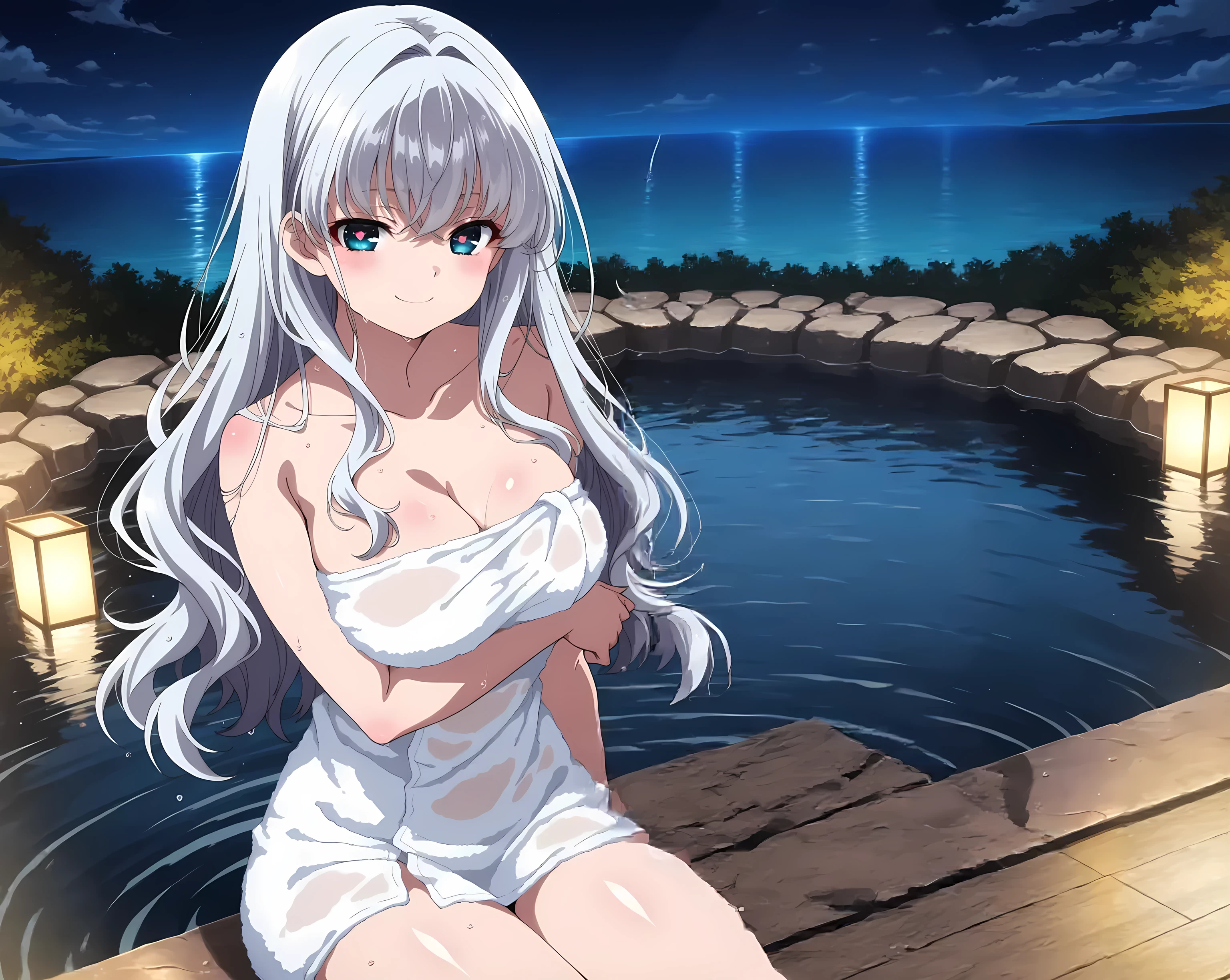 1 girl, Solo, look here, red eyes, blue-white hair, long hair, pull (from the front), masterpiece, Best quality, 1 girl, Solo, bikini, white bra, white string thong, white shirt, wet shirt, open shirt, legs crossed, session, session on the sand, beach, sea, long_hair, closed mouth, medium tits, medium waist, medium hips, wide thighs, looking at her own tits in a bikini, Smile (wet clothes, transparent : 1.2), (White shirt), wet, mouth closed, Smile, Cityscape, (gray sky, rain:1.3), excellent anatomy, good hands