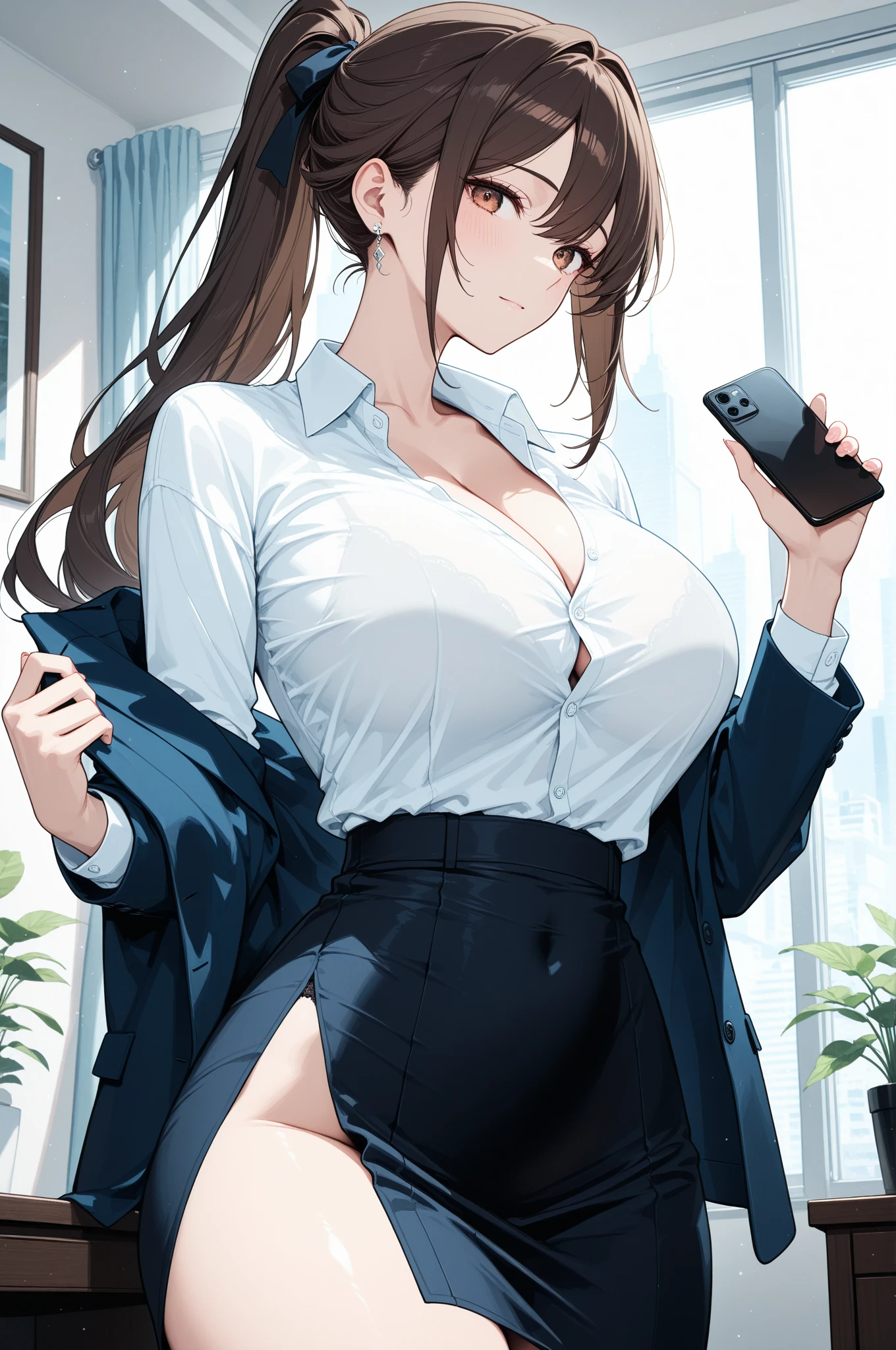 Best Quality, masutepiece, beautiful mature women、Beautiful face、Strong-minded woman、Office Suits、(((Underwear can be seen through the blouse)))、The line of underwear is visible、skirt by the、brown haired、Brown-eyed、Longhaire、Undersized eyes、Full body like、s Office、look down from above、Dark blue bra