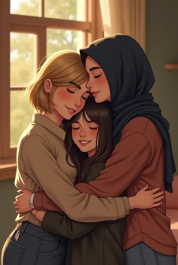 Create image of me and my friends. We are cuddling together.We are girls
One friend is short in height and she have short hair looking blood
Iam a tall person and have long hair
Other friend is medium in height and wear hijab