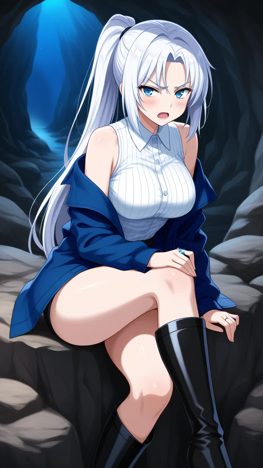 masterpiece, Highest quality, Highest quality, High resolution, concentrated、You can see the top and bottom of your underwear(White underwear)、Open chest、The crotch is open、A warrior girl being pushed down by a goblin and having her breasts grabbed(White Hair)(Blue clothes)(choker)(belt)(Heart Necklace)(The longest knee-high socks)(Earrings)、Side view、Angle from the side、Drops of sweat fly、Speed、cave、nostalgic light