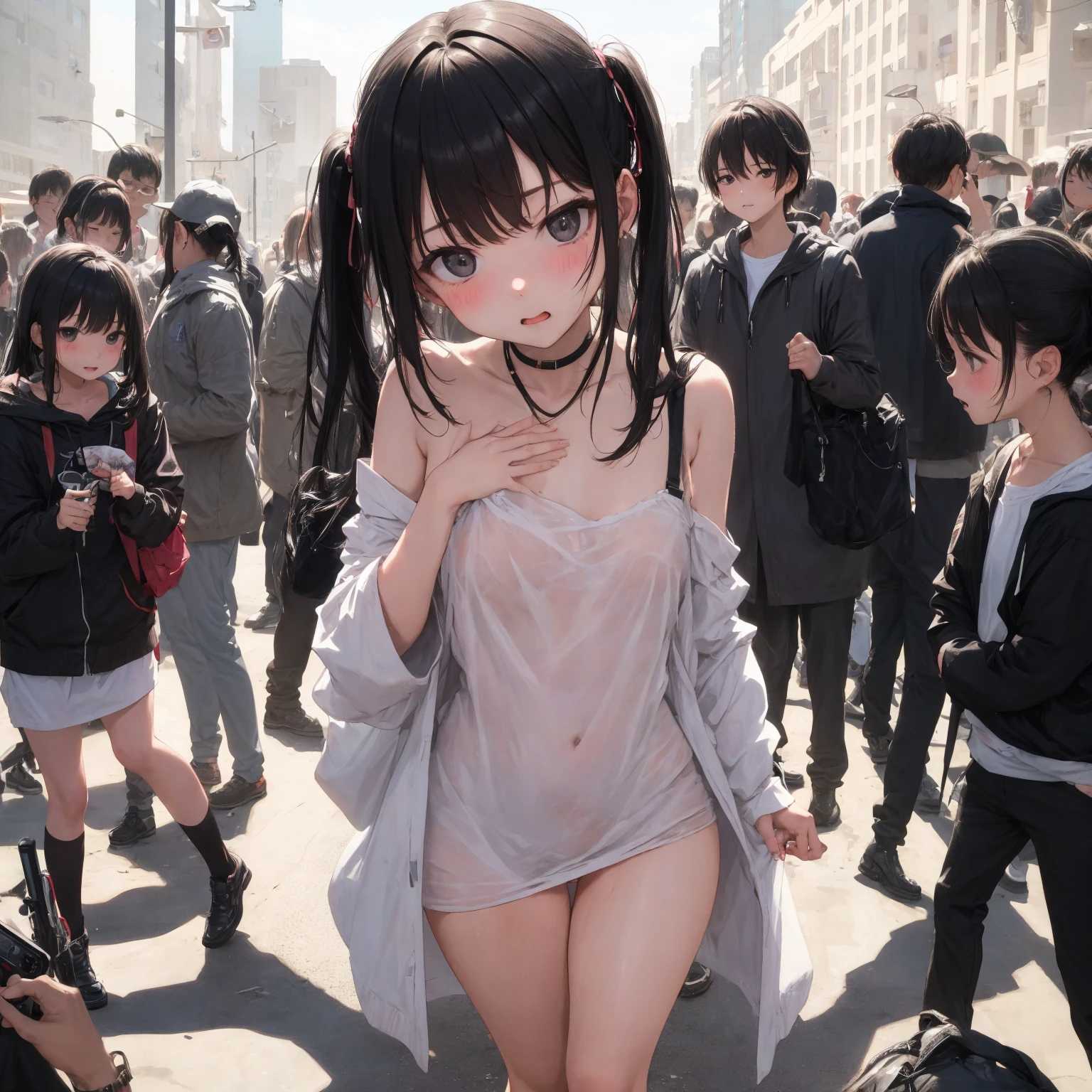 Broken Armor、13-year-old girl、Flat Chest、Cute face、whole body、Tied up with legs spread、pubic hair、Semen from between the legs、intersection、crowd、Nipples、Crying face