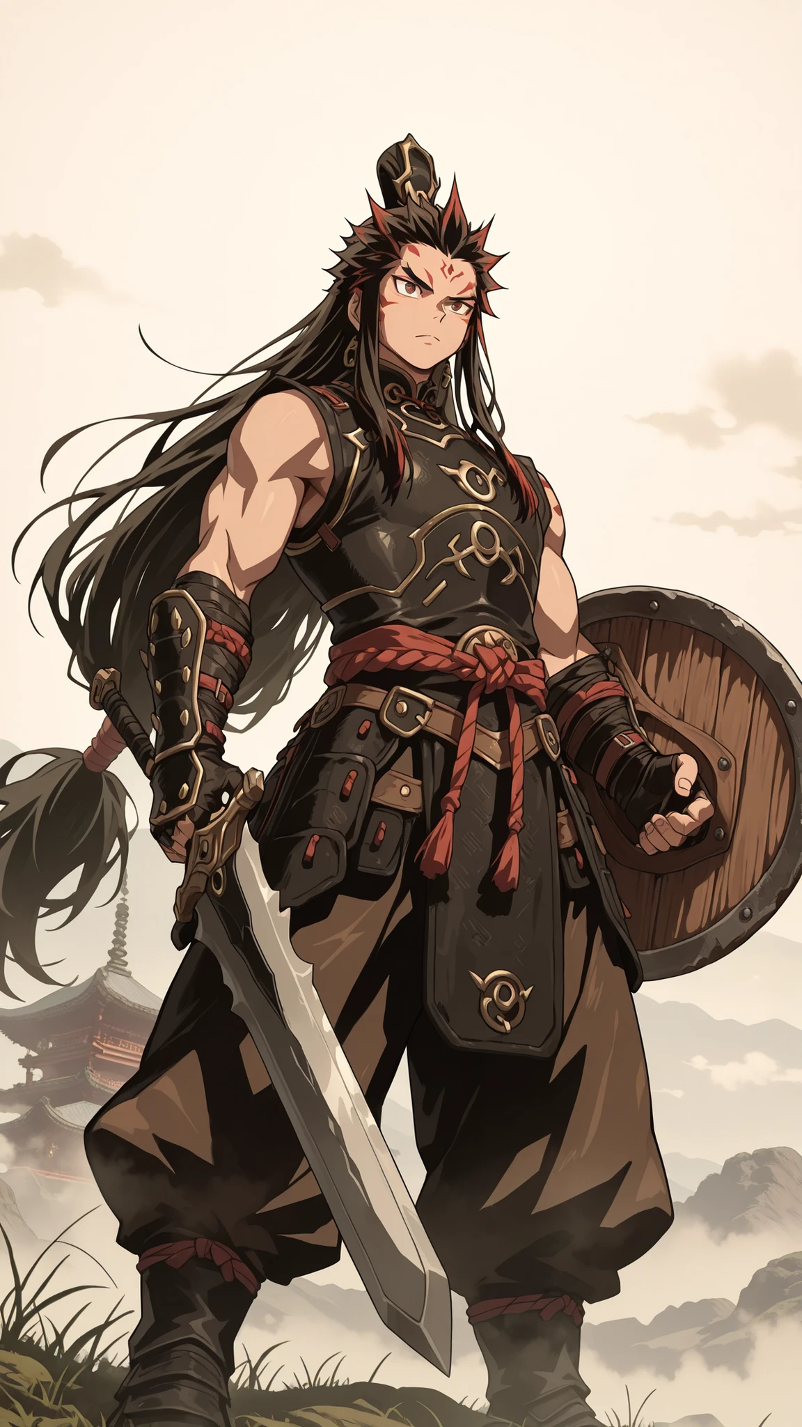 ** A Chinese warrior full image of the Tang dynasty **. He wears traditional armor made of leather and metal , intricately decorated with dragon motifs . Holds a sword in one hand and a round shield in the other . The warrior has a fierce expression , his long hair tied in a warrior's bow . Behind him, there is a traditional Chinese landscape with mountains , fog and a pagoda in the background , that evokes the era of ancient China . The lighting is spectacular and highlights the armor and The Warrior's Weapon.wide shoulders (1:3), wide body (1:3)