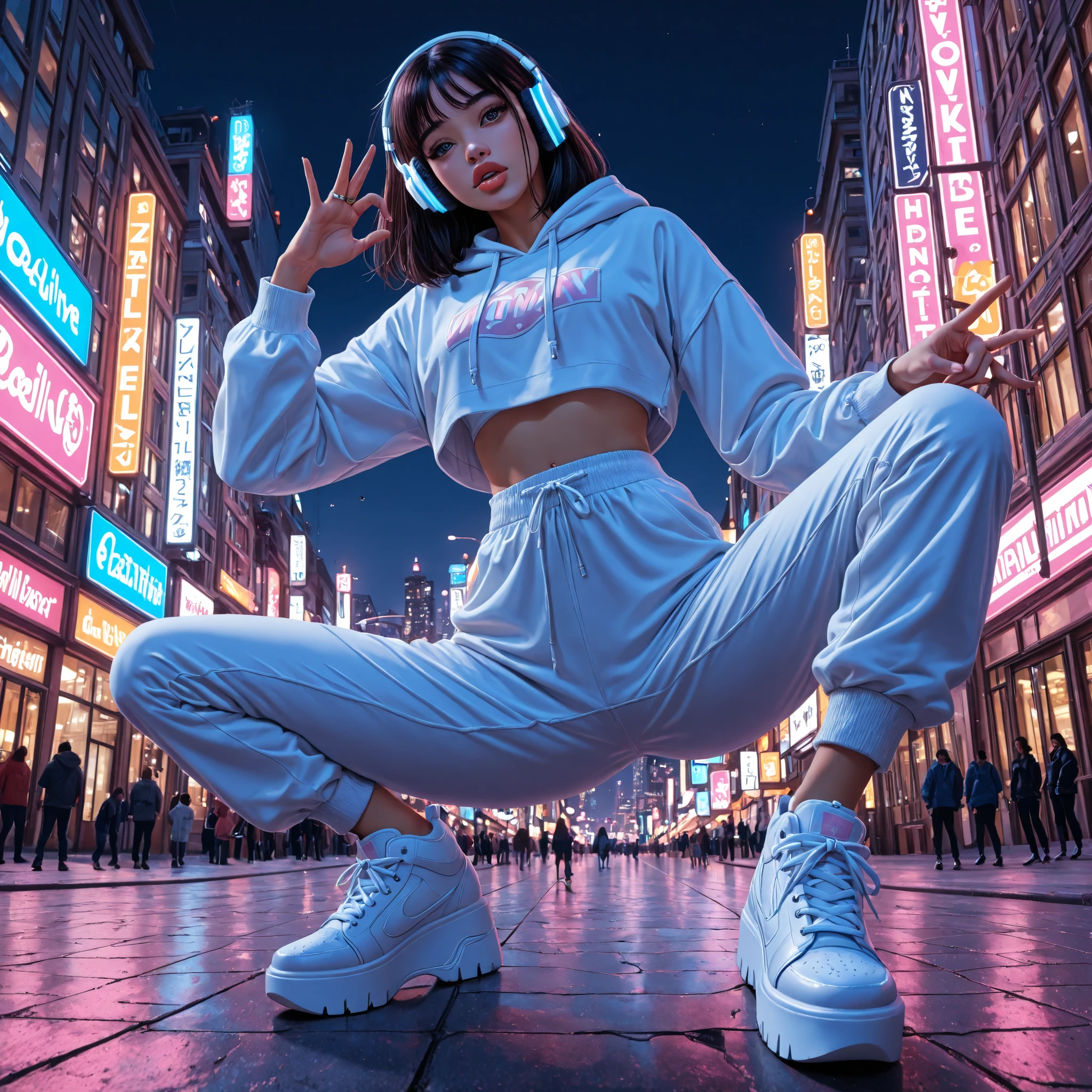 detailxl, ,big lips, boltedonlips,,,, masterpiece, amazing, 4k,beast quality, very good, ultra detailed,,,, clean lineart, anime urban scene, cel shading, pastel nighttime tones, young Indonesian woman in a lit cityscape at night, wearing white crop top and open blue hoodie, sporty sweatpants and stylish platform sneakers, visible piercings, headphones over ears, grooving to music with animated hand gestures, dynamic low-angle view from ground level, entire body captured in energetic pose, confident vibe and lively mood, soft neon glow and urban building silhouettes in background, full-body cartoon premium style  