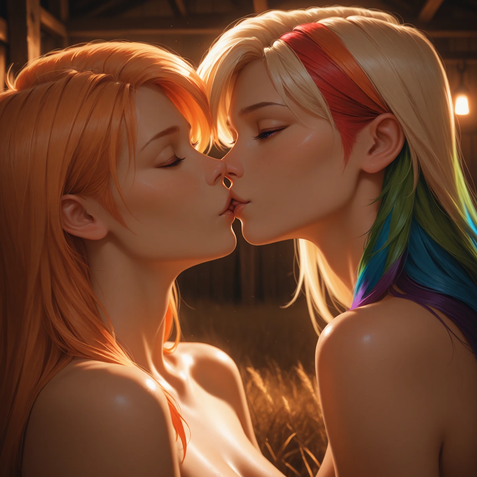 score_9, score_8, score_7_up, 1girl, 2boy, magnificent body, A luscious milkmaid has fun with her boyfriend on a farm, friendly sex, hugs his legs