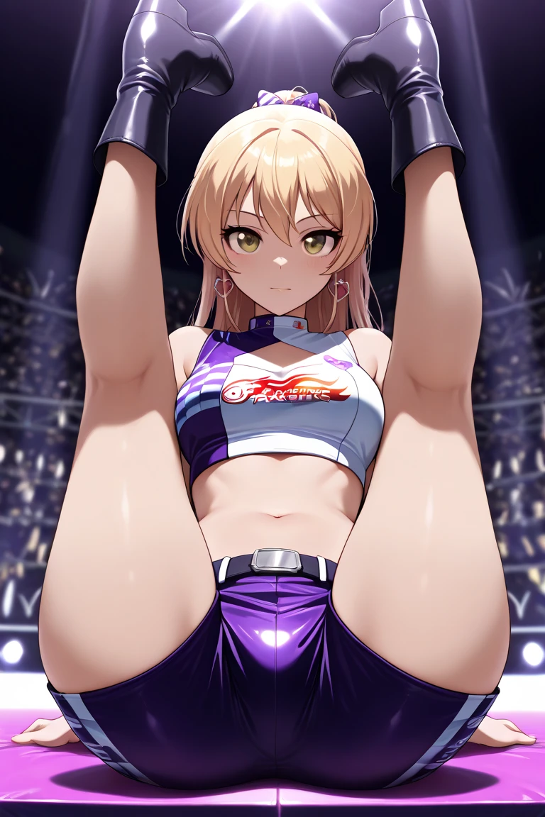 Anime, High quality full body image of Asuna as a bodybuilder in a tight bikini, String Tanga, ohne Schuhe, feet, barefeet, massive muscle Body, huge Muscular shoulders, massive Big Bizeps mit Adern, muscle legs, massive muscular abs, Bizeps flex. posing, her sweating, very muscular, toned body shines in the spotlight, she is standing on a stage, Anime high quality