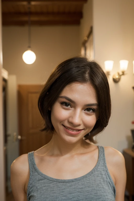 (1 lady), (Best quality at best:1.4), (ultra - detailed), (extremely detailed CG unified 16k), A Beautiful Woman with Perfect Figure: 1.4, Sharp Focus: 1.2, very detailed, High-definition RAW color photo, professional photoshooting, amazing face and eyes, cosmetics, (amazingly beautiful girl), ((kyoani haruhi style)), ((formal suit)), standing, fashion posture，(Stylish apartment, day light), (look from down), realistic cinematic face, head to feet long wide zoomed out view, full body long view, photorealistic, ((realistic natural chocolate brown hair style, brown honey eyes, short hair, laughing, shy laughter)), gorgeous, extremely beautiful face, perfect model beauty, pout mouth, Highly Detailed Face and Skin Texture, Detailed Eyes, Double Eyelids, Medium Natural Breasts, Smile, cleavages, western, (masterpiece), best quality, high resolution, extremely detailed, detailed background, depth of field, cinematic lighting, amazing legs, clear and well-cared skin, (size head correlative with body size),