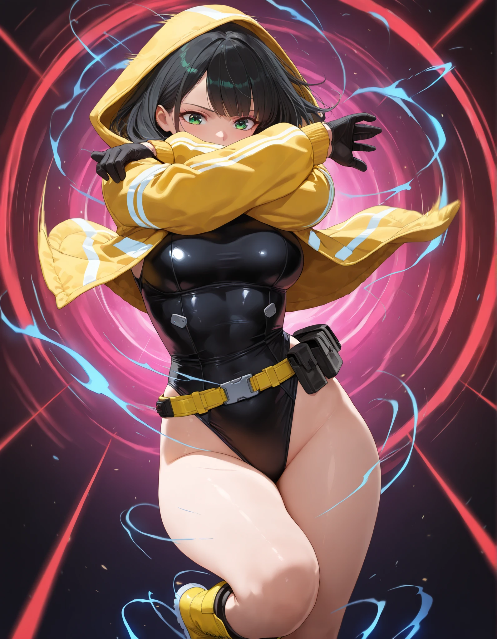 Wide angle shot, full body image, beautiful female fighter, wearing large glasses, black undercut hair, wearing large iron gloves, black and yellow Turtleneck outfit