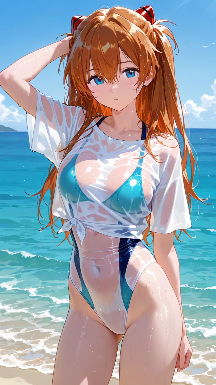 (dynamic angle),in the sandy beach, ocean, splashing, blue sky, windy, rim light, sunlight, beautiful lighting, strong light,pale Light orange Hair, long hair, twintails, hair ribbon, girl1,(open whiteshirt:1.6), (upper body), completely nude, (small nipples:1.2), (small areolas:1.2), kawaii, cute, pale purple eyes,(shy), (blush),(light smile),