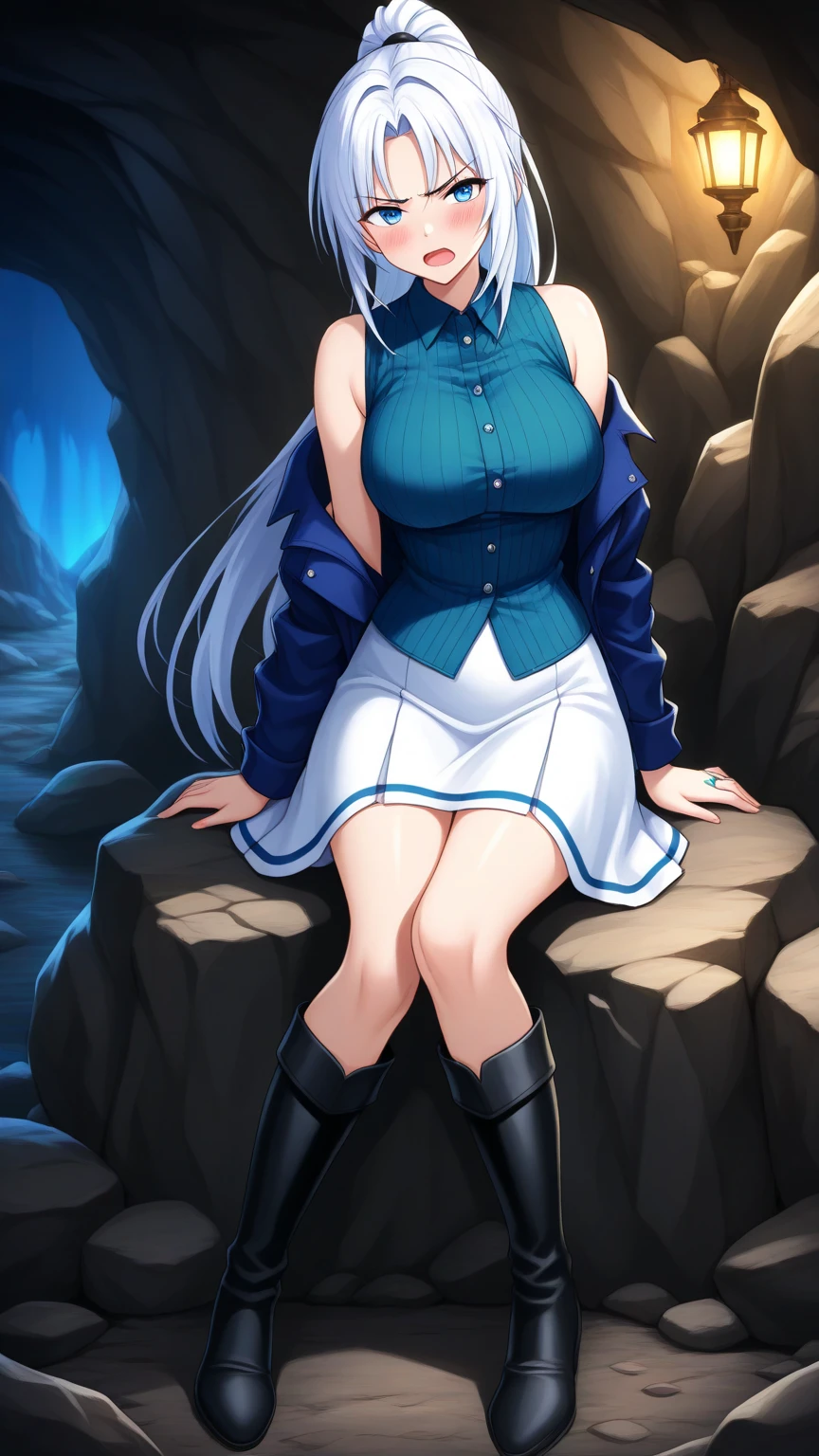 anime, (high quality, detailed, beautiful), shiny, detailed beautiful eyes, outstanding, countershading, detailed soft lighting, an exquisite animation illustration, score_9, score_8_up, score_7_up, source_anime, anime screencap, anime coloring, sidelighting, shiny luminous, 1girl, solo, solo focus, (shifty), blue eyes, blue hair, long hair, two side up, skinny, large breast, wide hips, shiny skin, wet skin, very sweaty, very wet skin, steaming body, (blood, bloody, blood on face, blood on clothes), awkward grin, blush, embarrassing, v arms, squeezed breasts, looking at viewer, sky, squatting, ass, no panties, dutch angle, cowboy shot, outdoors, graveyard, night, moon, expressiveh, attractive poses, (poop, pooping, brown poop)