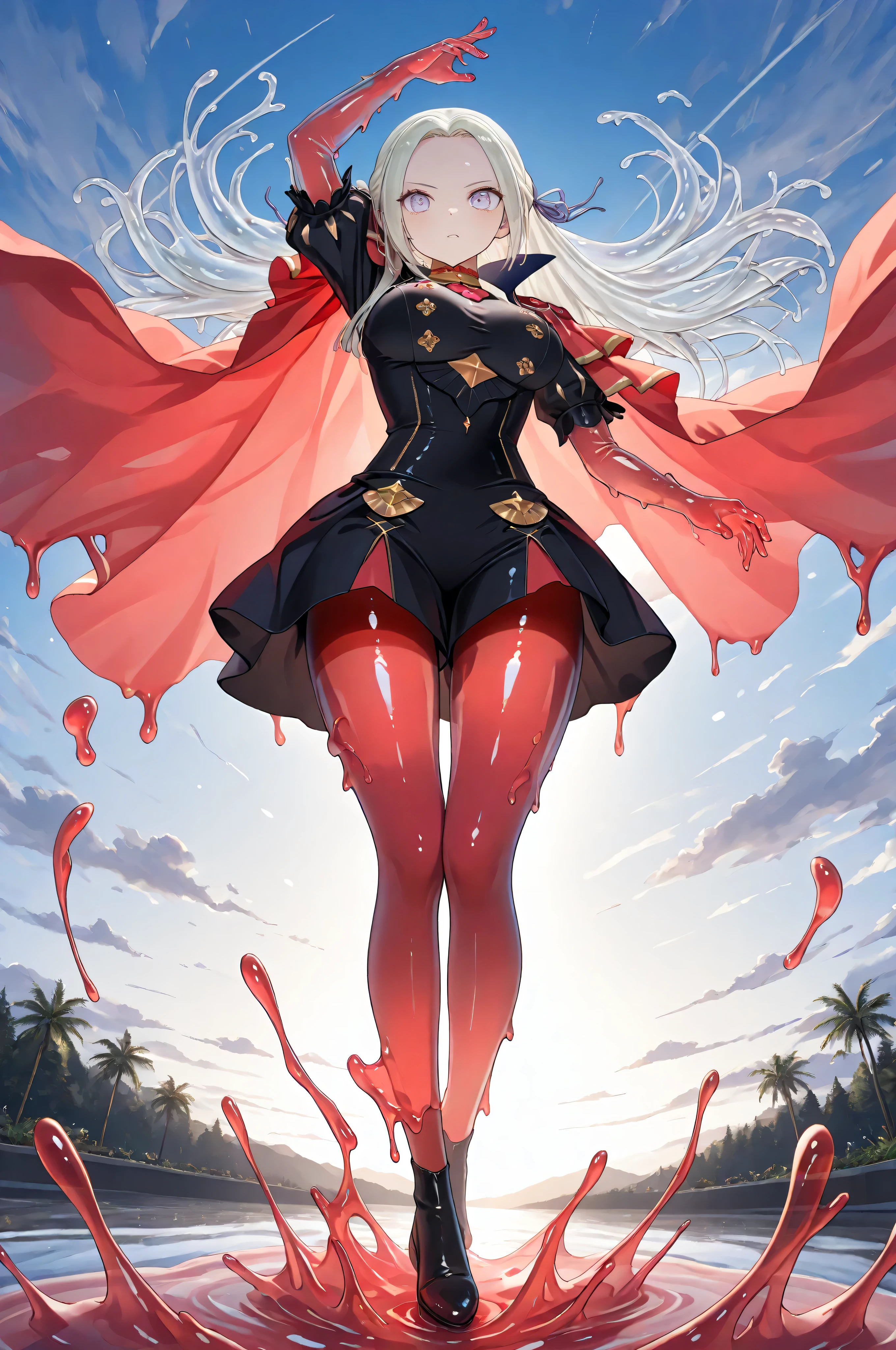 3DMM,See-through clothes,eyesHD,JellyGirl, transparent skin, transparent, translucent, jelly, slimegirl, liquidy, viscous 1girl, monster girl, slime girl objects in body,slime girl,transparent,translucent,See-through clothes,(adult Edelgard:1.0, dynamic pose:1.0, sss:1.0, translucent:1.0, subsurface scattering:1.0, transparent, transparent red cape, transparent red pantyhose stockings), amazing angle, scenery, nice image composition, 