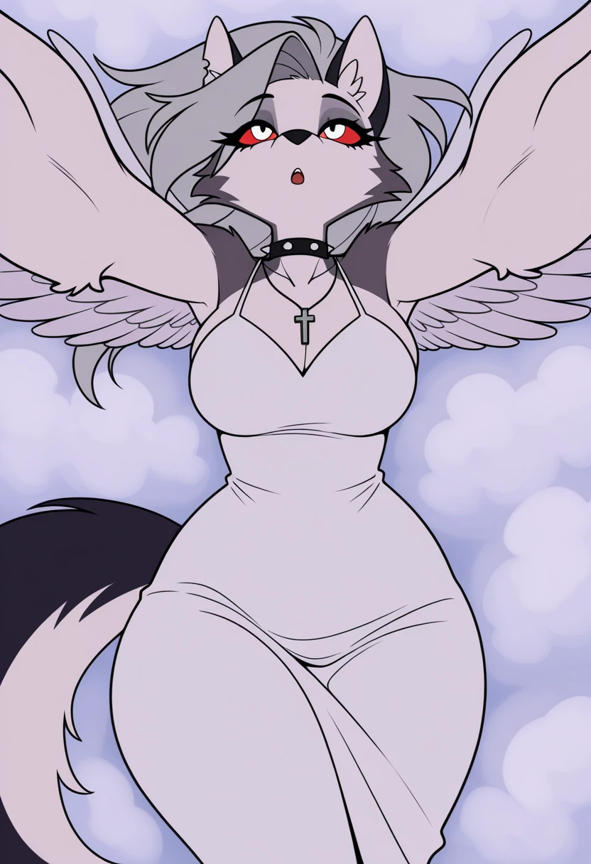 Angel arctic wolf, female, long white hair,huge breasts, huge hips, huge thighs, plump, voluptuous, gorgeous, beautiful, eyelashes,wide silhouette, feminine, corpulent, fluffy,white aureole ,white feathery wings,blue eyes , overweight, fluffy tail, fluffy forearms, fluffy hair, white halo above head,
