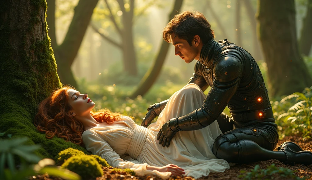 A beautiful young woman with wavy red hair, sleeping hugging a cute teddy bear, and next to the bed stands guard a beautiful male angel, blond with medieval armor, and a sword in his hand pointed at a being dressed in black with a hood on his head, imagem alta qualidade