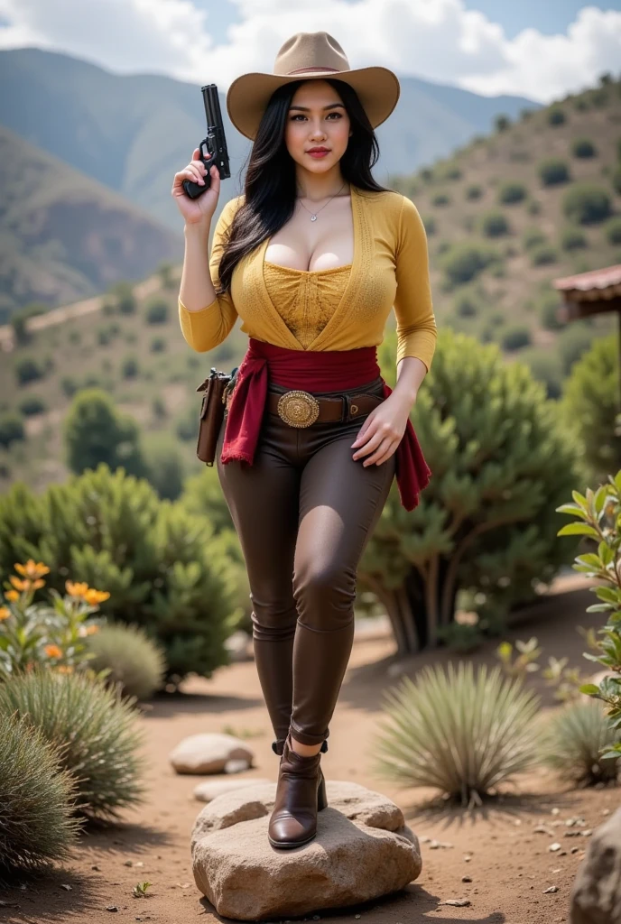 (best quality, masterpiece, ultra high resolution), (8k wallpaper, high-definition, HDR, RAW, Cinematic lighting), (hyperrealistic), (authenticity: 1.4), (full body shot), 1girl, ((18 year old girl)), ((Straight black hair)), ((Pretty Mexican Girl)), ((Pretty face)), ((Tight clothes)), ((Hazel Eyes)), ((Tanned skin)), amazing slim body, thick legs, thick thighs, big ass, wide hips, flat tummy, big breasts, huge swollen breasts, ((perfect hands)), ((Standing)), ((Open legs)), (((Sexy cowboy costume))), ((Sombrero hat)), ((view at viewer)), ((Subtle smile)), (((Outside an old wild west tavern))), natural illumination, sunny illumination, contrast