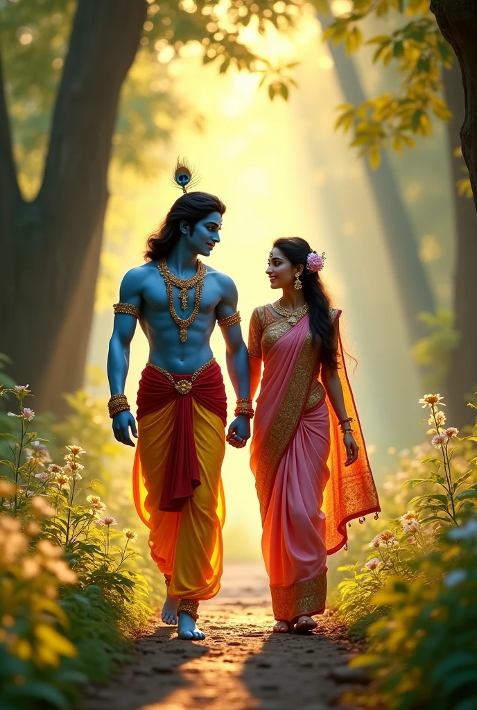 Lord Krishna walking with girl ti shirt written anjali 
