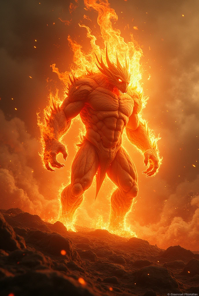 (lightning storm), A Cooling lava character, emerging from volcanic eruption, symbolizing transformation and rebirth. 3D-holographic image, inspired by Jan Sawka's surrealistic art.