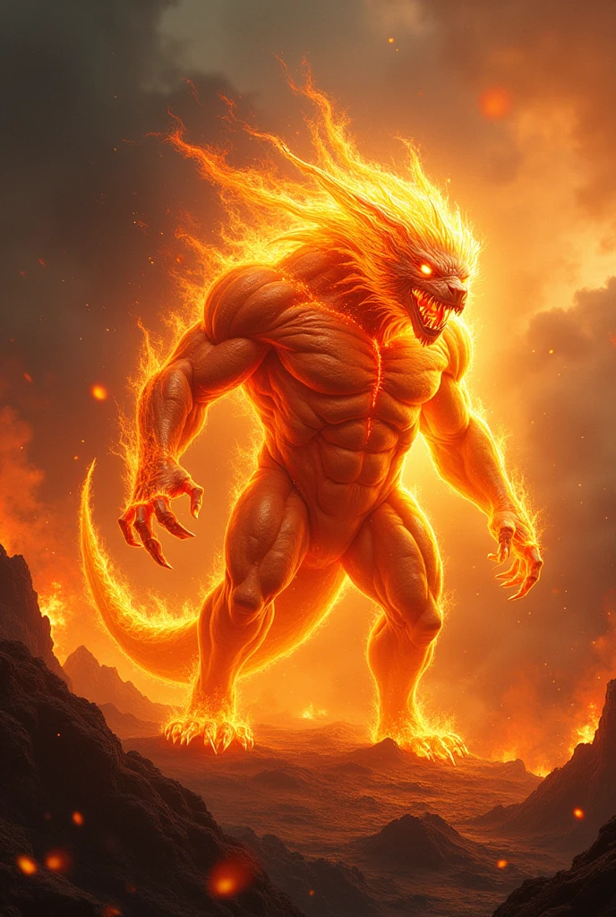 a fire elemental tiger man, brave suit, spreading territory, heavenly fire domain, consuming earth, dynamic action pose, powerful, fierce, glowing fiery eyes, sharp fangs, detailed fur texture, dramatic lighting, cinematic composition, vibrant colors, fantasy landscape, apocalyptic atmosphere, (best quality,4k,8k,highres,masterpiece:1.2),ultra-detailed,(realistic,photorealistic,photo-realistic:1.37)
