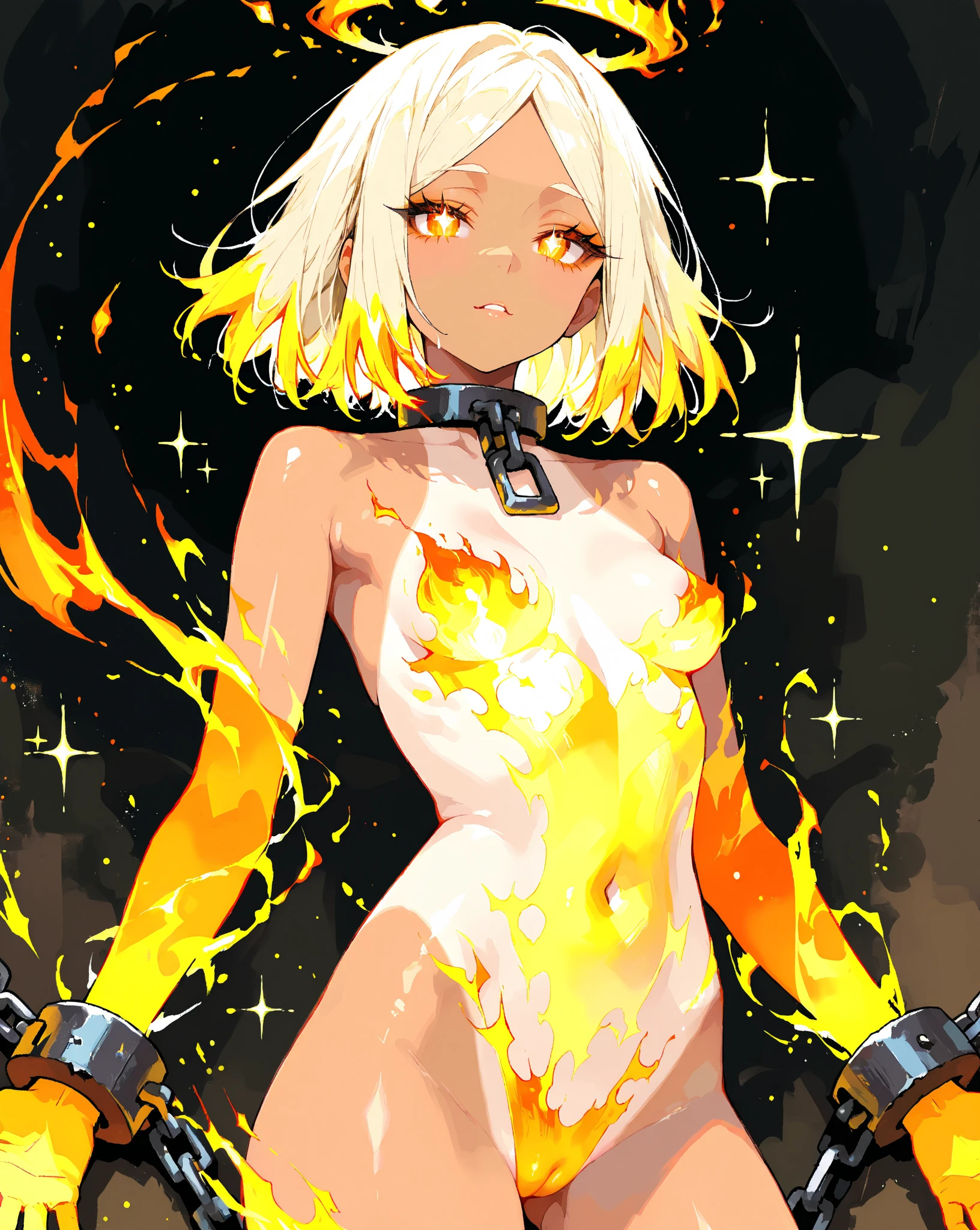 anime young woman, short hair, hair tied back, white colored hair, red colored eyes, medium chest, small thighs, big body, strong body, kimetsu no yaiba art style, red bikini, beach background, orange sun light, sunset, beautiful lighting, 4k masterpiece, bokeh, vivid colors, realistic water, detailed eyes, detailed hands, soft smile, sparkles nearby, glowing water