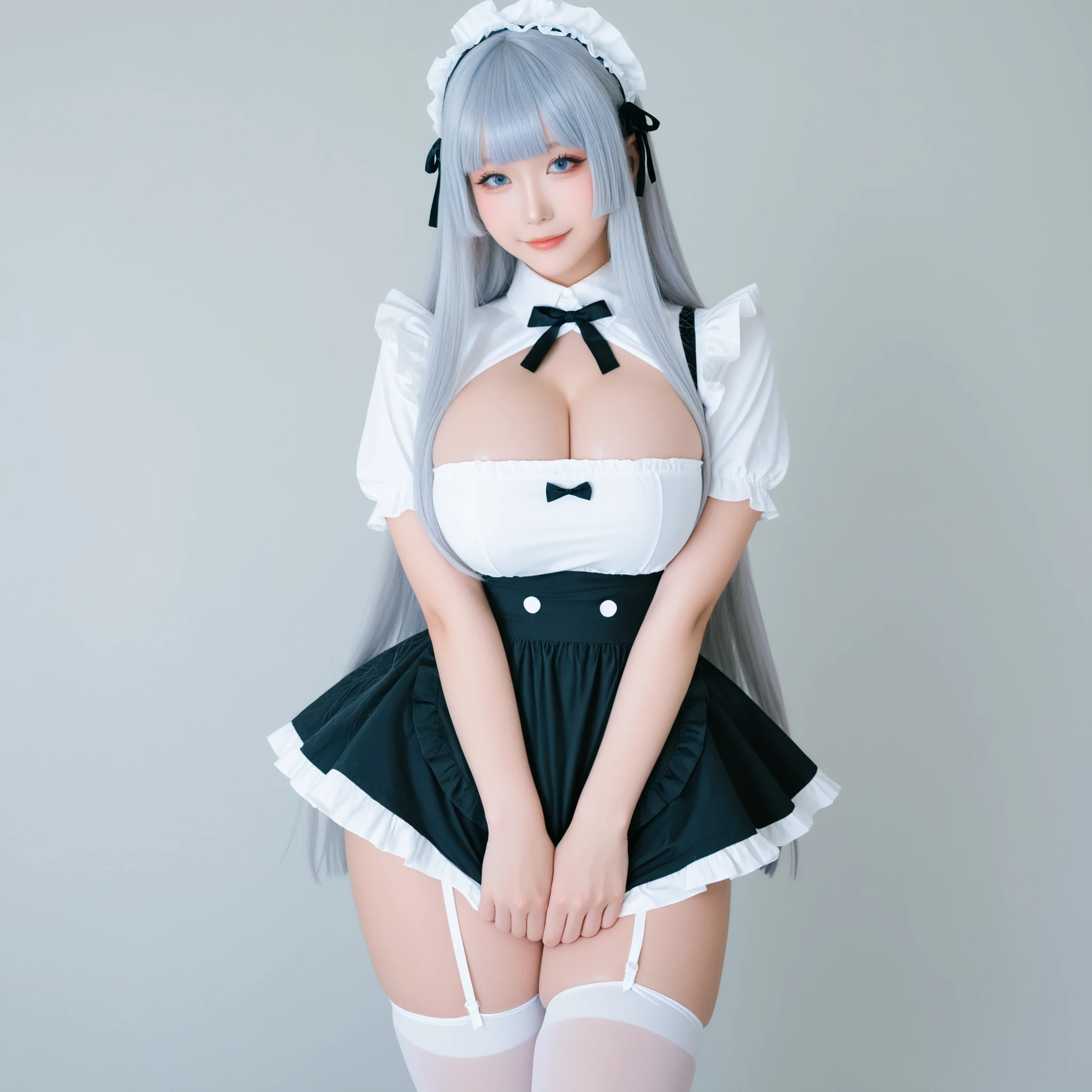 a beauty girl、((White short coat))、Exposed thighs:1.5、slenderbody、kawaii faces、White tights、White blouse and frilly high-sole shoes、ribbon on tights、Model body type、High school students、loli big boobs、A smile、masutepiece、colorful ribbons on tights、((Wrap the tulle ribbon around your hair))、Wave twin tail ULL BODYSHOT、There is also a walkie knee bat..