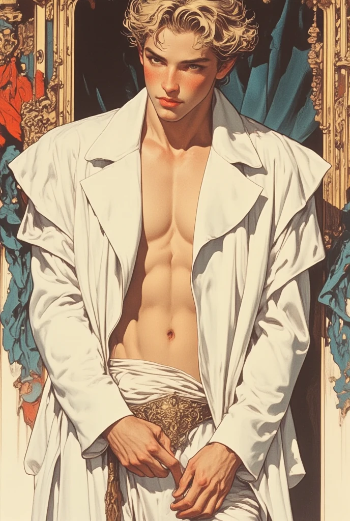 ((Best quality)), ((masterpiece)), (detailed), man, Victorian era, half naked, sexuality, black and red lingerie, serious, crazy smile, full length