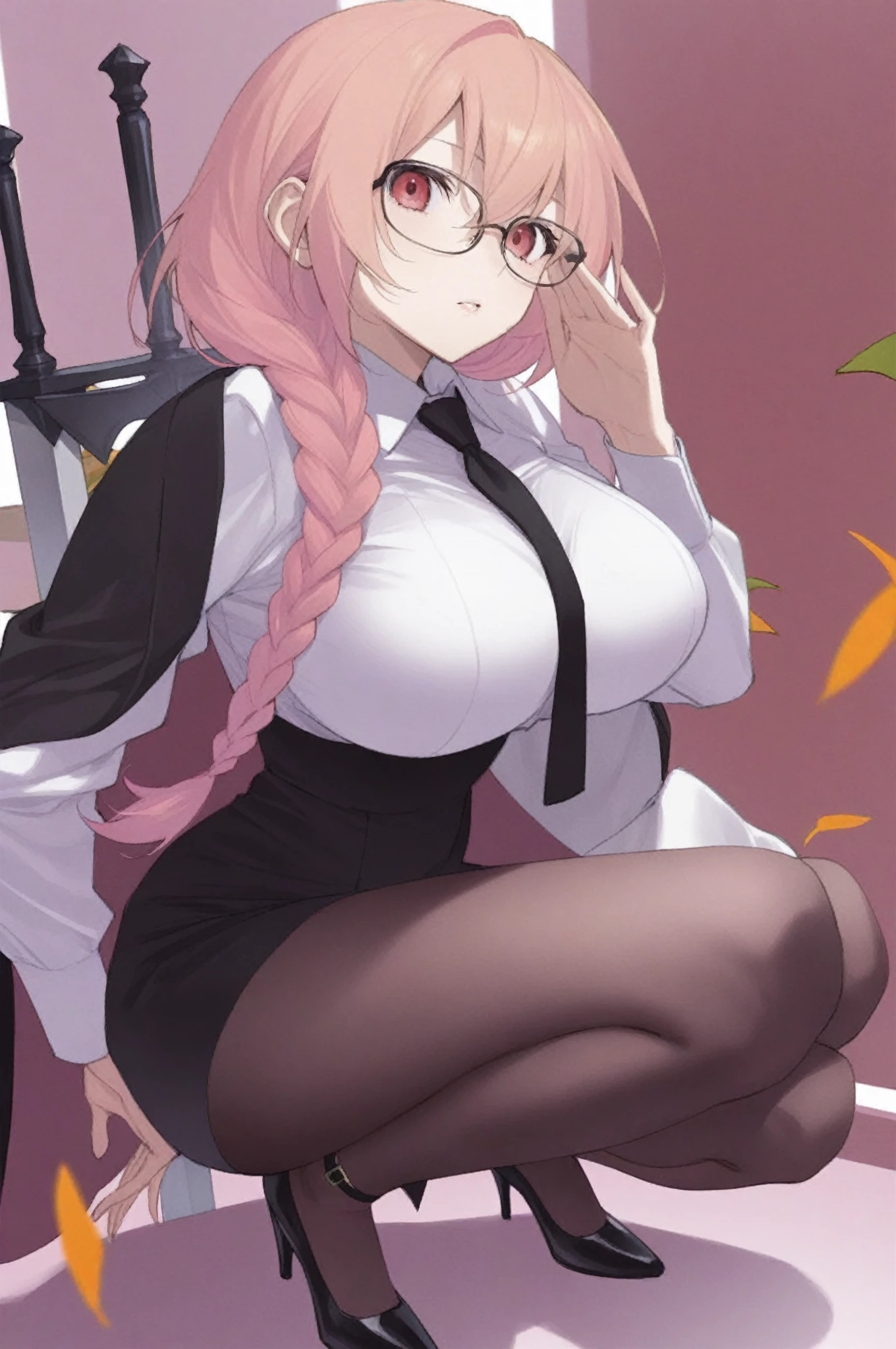 masterpiece, details, girl with long pink hair, black glasses and blue eyes crouching in a park, view of her huge ass in 8k, rich and greasy thighs, very tight black stockings that highlight her body even more,
bad black sweater, big protruding tits, no bra, suggestive pose, excessive ass size
