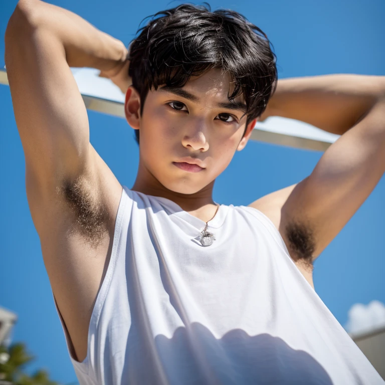 Japanese men、13 years old、Muscles and smooth skin、Very short black hair、A relaxed and friendly smile、Light red boxer briefs、You can see your whole body from your toes to your head、Posing in the bathroom、