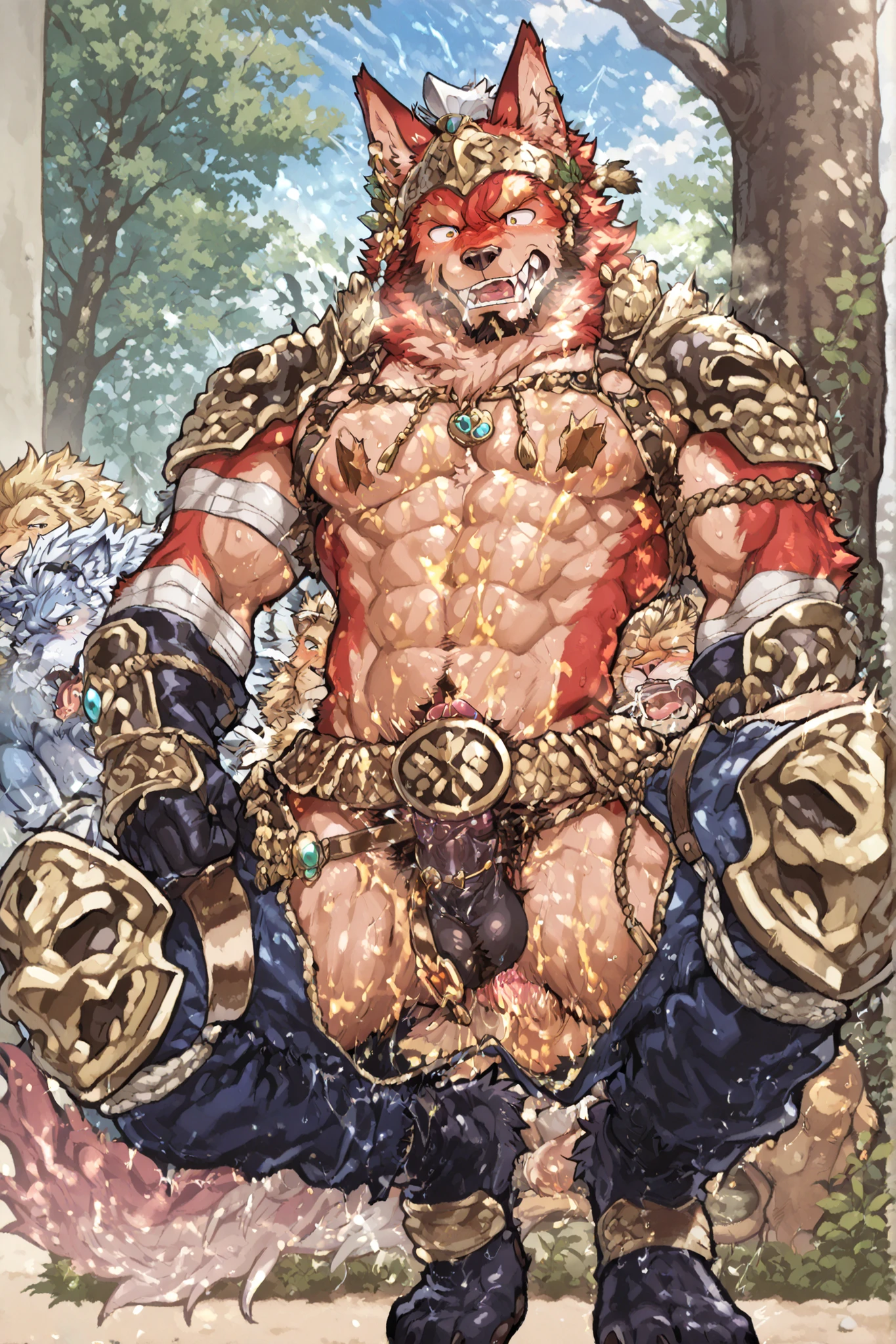 Solo Sexy anthro furry wolf male; ancient Mediterranean desert warrior; slim mesomorph handsome model apperance apperance; anthro muzzle head shape leather helmet mask with eye holes; anthro muzzle head shape leather helmet mask with eye holes, anthro muzzle head shape leather helmet mask with eye holes,; sexy toned muscules; sword scars; worn out rusty sexy skimpy armament. He has low on hips heavy leather studded heavy belt. he has very old worn out jockstrap (smelly jockstrap fetish); His jockstrap it is made of old white linen material sewn together from a few pieces, it has never been washed, it is dirty and has stains from secretions of dried semen and sweat; His armor is old heavy brown harness with armlets studded with spikes; rusty old skimpy heavy breatsplate armor; he has old brown leather BFR Bands on Biceps and his thighs, he has old worn out fingerless leather gloves. His armor is in ruin, it is very very old and dirty, rusted, dirty, old worn out, rusty heavy skimpy breastplate. Even though he is a handsome and sexy man, he has a sloppy appearance, has disheveled unwashed dirty fur, dirty body look. he smells, he has stains from old blood, dirst, cum, mud, smelly furr, disgusting bastard looking. Mediterranean sunny pine forest background; spread legs, licks his lips, horny for sex, sticks out his sexyerection dick, precum drops, dick erection above jockstrap, jockstrap on the blls, licks his lips, horny for sex,Mediterranean sunny pine forest; he has a proud, threatening and defiant expression on his face, with little dirty dangerous smile;