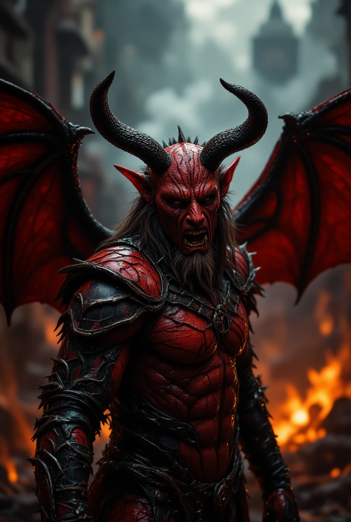 a dragon-headed demon with large horns, strong and strong upper body, demon skins, skins, ((claws, wings)), demonic armor, blood splatters, skulls on the ground, standing in a blood ritual, medieval, dark room, dim light, masterpiece, realistic, oil painting
