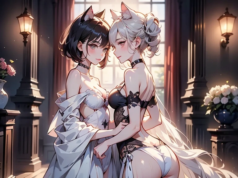 masterpiece, high resolution, high quality, NSFW, 2 girls, white prom dress, wedding, big breasts, cat ears, red eyes, black hair, ponytail, white prom dress, big breasts, cat ears, yellow eyes, white hair, twin tails, kissing