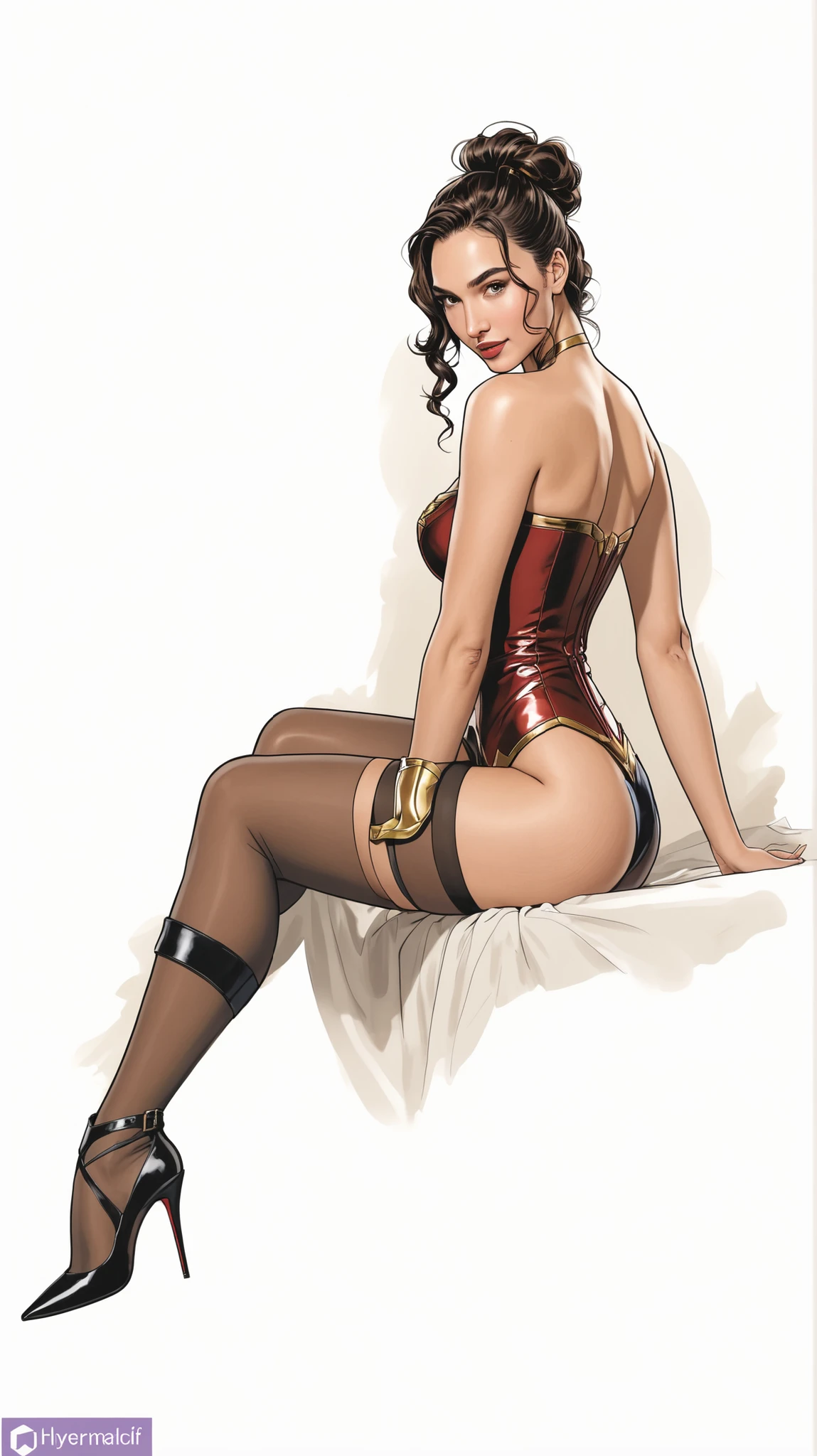 (1960s \(style\)), pin-up style, thin woman in a tight-laced ornate corset, huge hanging breasts spilling over the top, skindentation, ornate filigree, perfectly styled hairdo, green hair, parted red lips, juicy lipstick, ruffled panties, long legs, stockings, soft lighting, beautiful rich bedroom, hyper realism, 8k,