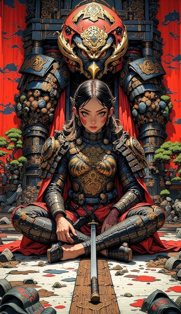 Samurai, stone mask, Cinematic, masterpiece, seated samurai pose, soft contrast, cinematic lighting, cinematic shadow, Katana_weapon, Samurai costume, anime scener, Gorgeous scenery, man, solo, katana on the ground, long hair, man face, normal ears, wind with leaves.