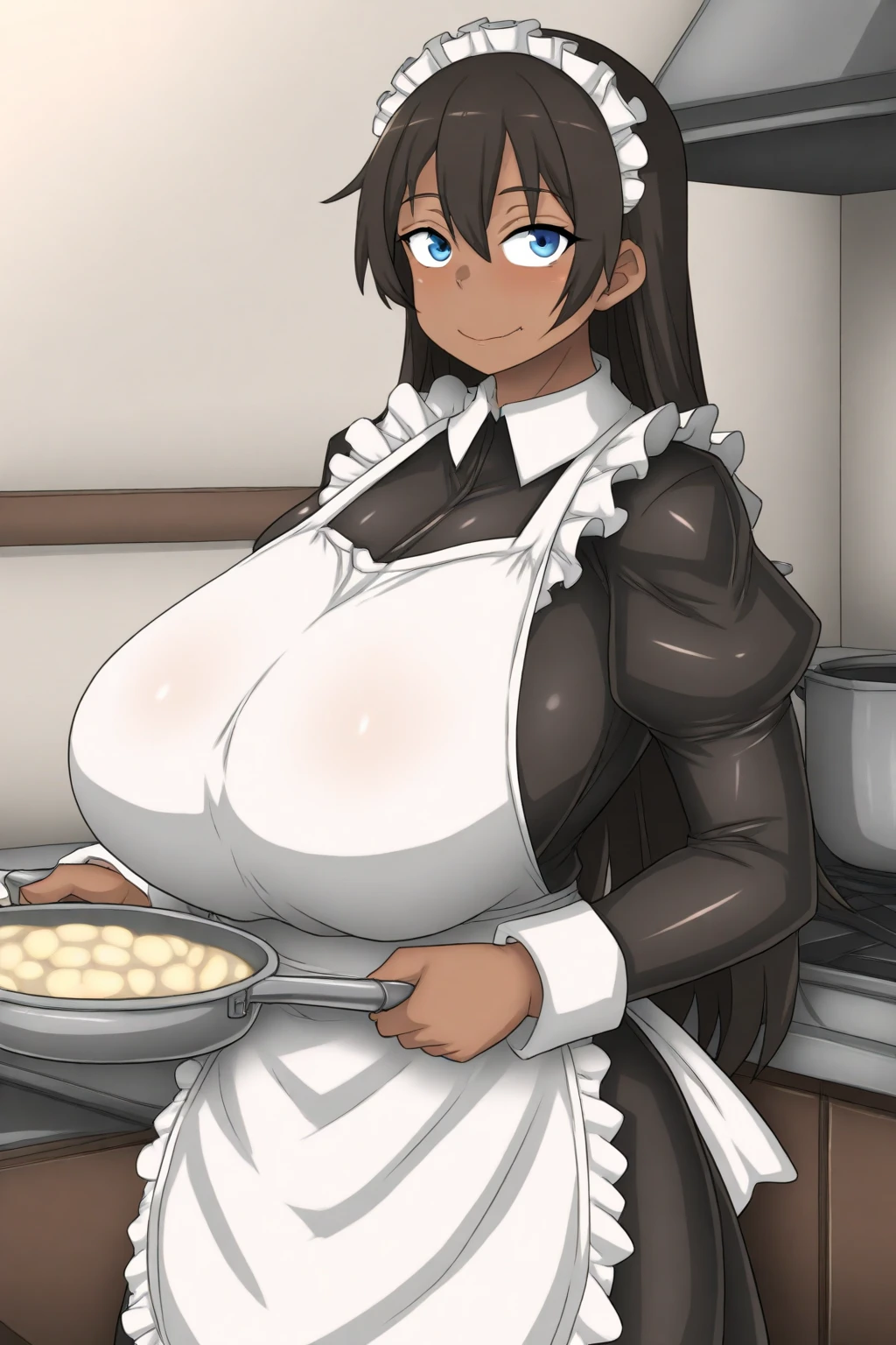 score_9, score_8_up, score_7_up, score_6_up, score_5_up, score_4_up, (source_anime), 1girl, (( white woman, long black hair, big breasts, Withered breasts, Sagging breasts, big Thighs, big ass, mature woman, dark nipples, brown nipple)), Distant vision, Low Illumination, Kitchen, Maid outfit, black skirt, breast milk, Welcoming, offering milk to the viewer, Lifting one breast, squeezing nipple, one breast covered