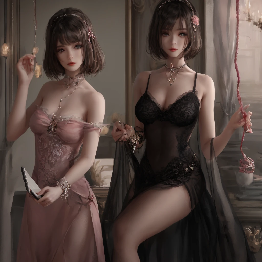 trois belles femmes aux cheveux violets et une robe violette soyeuse, s'enlaçant, carressing eachothers, portant un grand collier en forme de coeur, chiffre de sablier, figure symétrique, visage très détaillé, beau visage, yeux bleus apaisants, lèvres violettes luxuriantes, souriant, séduisant, flirter avec la caméra, superbe illustration numérique, environnement quantique mystérieux, éléments cosmiques et atmosphère éthérée, topless, pink chest tattoo