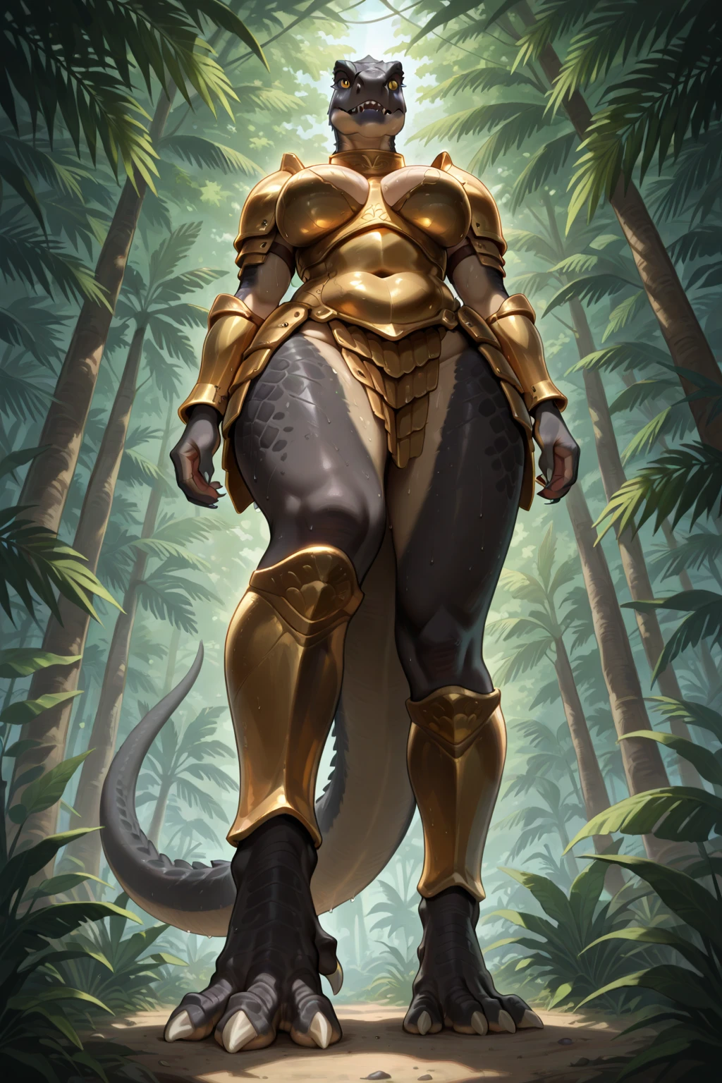 Anthropomorphic, furry, scaly, woman monster hybrid, Dinosaur, Tyrannosaurus, High Cut Leotard Black and gold color Lace, Busty breasts, Thicc, Hourglass Body, muscular body, Sexy Legs, Sexy Hips, Long Brown Hair mane, Sharp Teeth, Saber Fangs, Beastly, Beautiful, Sexy, Fierce, Savage, Giant, Tail, bare feet, Redish Brown Scales, proud, lovely, majestic, Regal Looking, Jewelry, Wild, Big Head, Strong, Powerful, Proud, Monstrous, Feral, Loving, standing upright on two legs, hot reptile humanoid woman, curvy body, fit body, short arms, sensual, loving wife, close up,