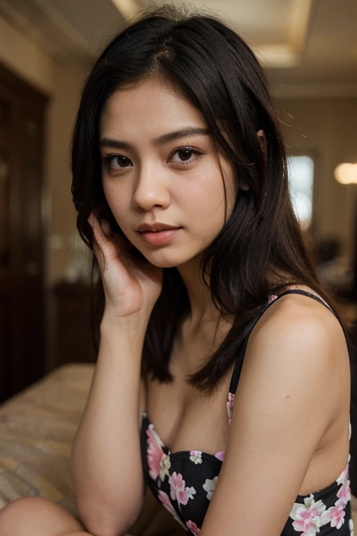 a 20 years old asian latina, girl, black hair, highly detailed face and beautiful clear green eyes, big natural , long hair, very seductive haughty eyes, luscious mouth, jaw line, in the living room, simply dress