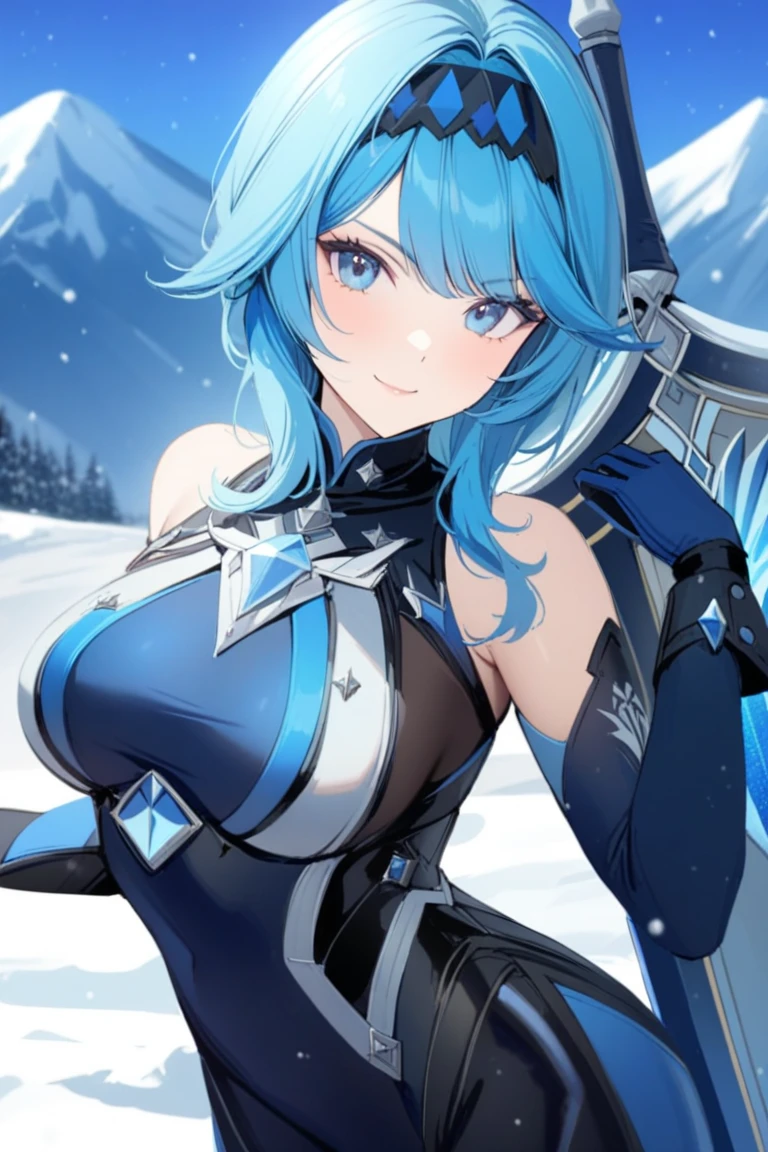 masterpiece, Highest quality, so beautiful, Absurd, up to date, cowboy_shot,
Eula_(Genshin Impact_Impact), Genshin Impact_Impact, One girl, belt, black_gloves, black_hairband, black_leotard, black_Knee socks, green_Cape, green_hair, chest, brown_eye, Cape, gloves, Large sword, hair_ornament, hairband, big_chest, leotard, length_sleeve,Moderate_hair, tie, shirt, Side Lock, Knee socks, Thighs, Underbust,white_shirt, In the snowy mountains