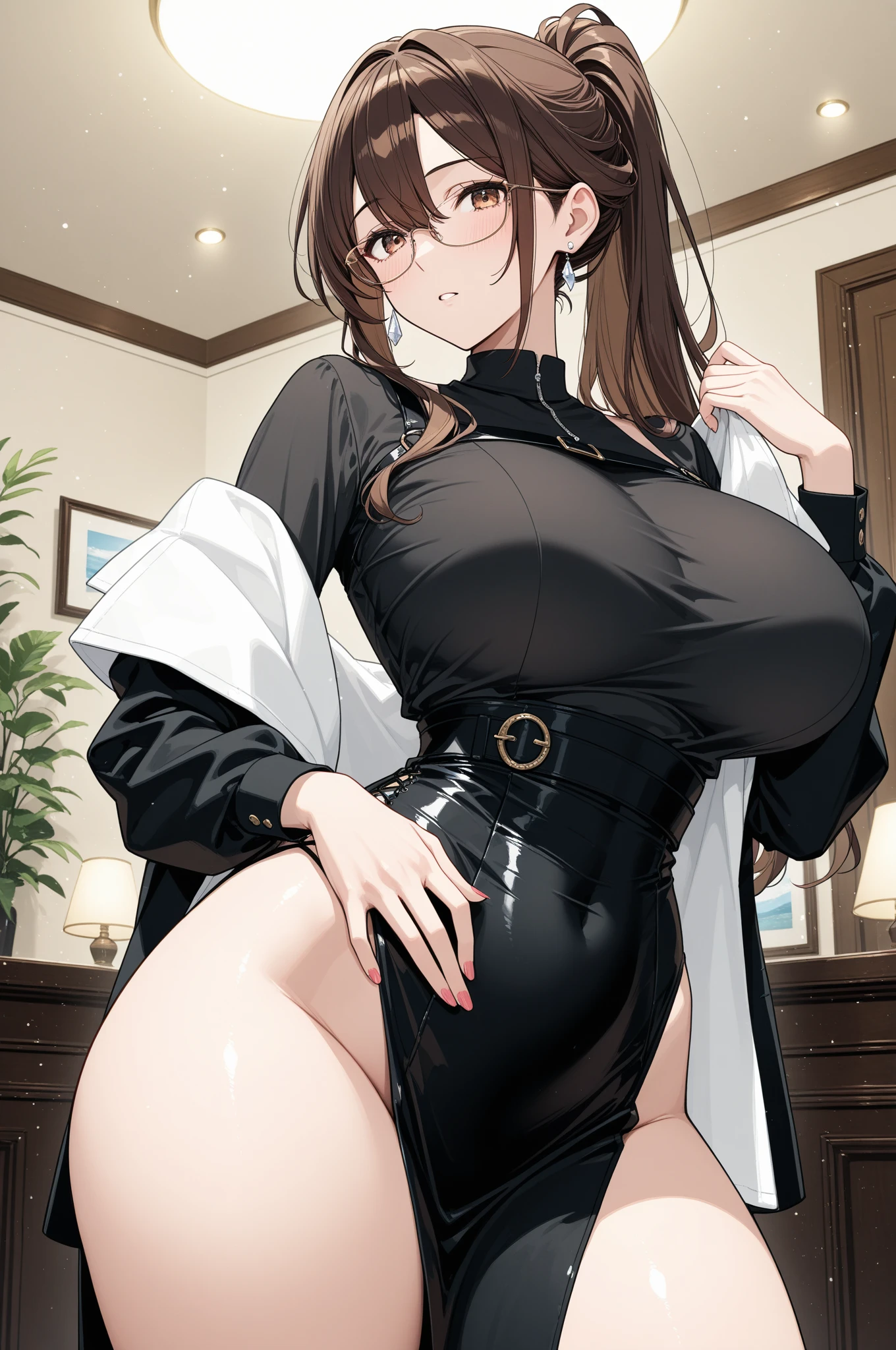 Beautiful lawyer (Highest quality,masterpiece:1.2), Perfect figure, Wearing glasses, Ultra Clear, Super detailed, Depth of written boundary, Brown Hair, Charismatic, 36 years old The bust is extra large、Clothes that look like they're going to tear Fancy belt Very big hips Tight hostess suit Sexy gravure pose Delicate facial balance correction The hands are casually hidden