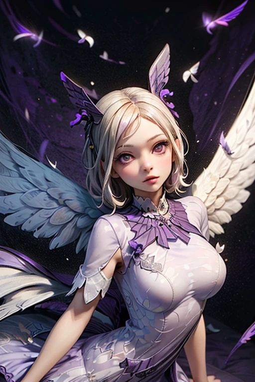 masterpiece、top-quality、hight resolution、8K、tchibi、1beautiful girl、Harpy、Harpy Girl、kawaii eyes、big eye、a purple eye、Silver hair、Twin-tailed、Smile with open mouth、teak、lip stick、Colossal 、cleavage of the breast、The arms are winged、Flying with spread wings、Sky over the forest、
