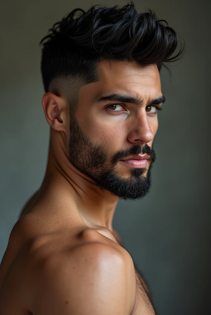 A man of medium height, tan skin, skinny muscular arms and thin legs, face with a turned-up nose and a black mid-fade cut without a beard