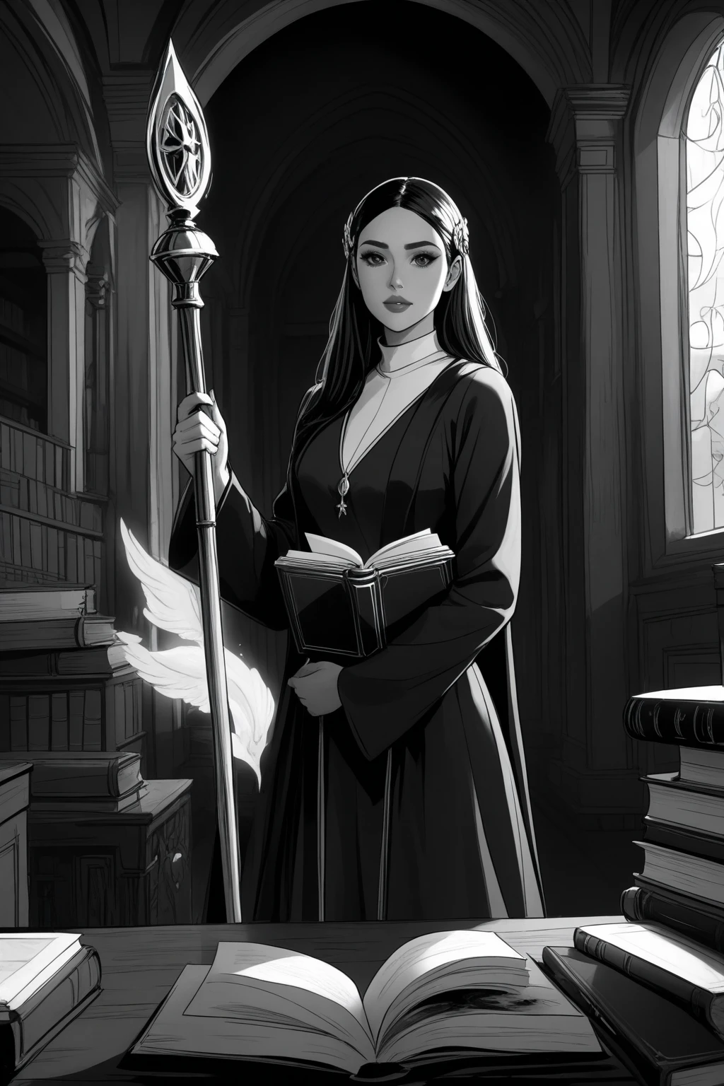 Saint Benedict with a staff in one hand and a book in the other 