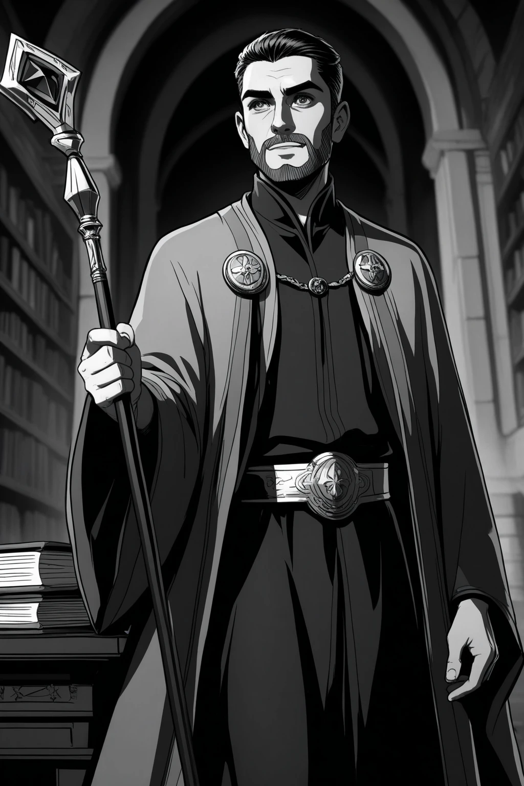 Saint Benedict with a staff in one hand and a book in the other 